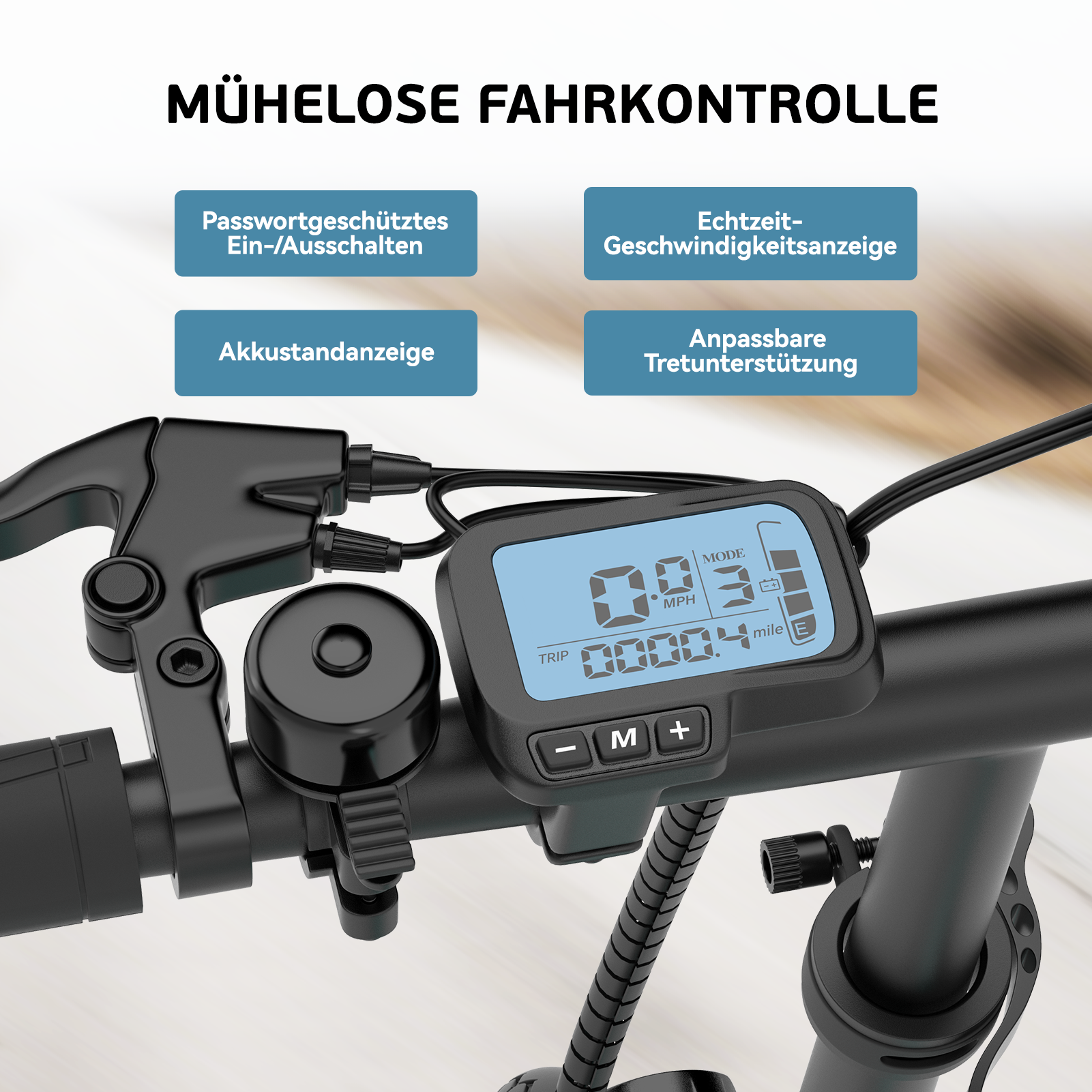Zbliżenie wyświetlacza i kierownicy roweru elektrycznego z niemieckimi polami tekstowymi.