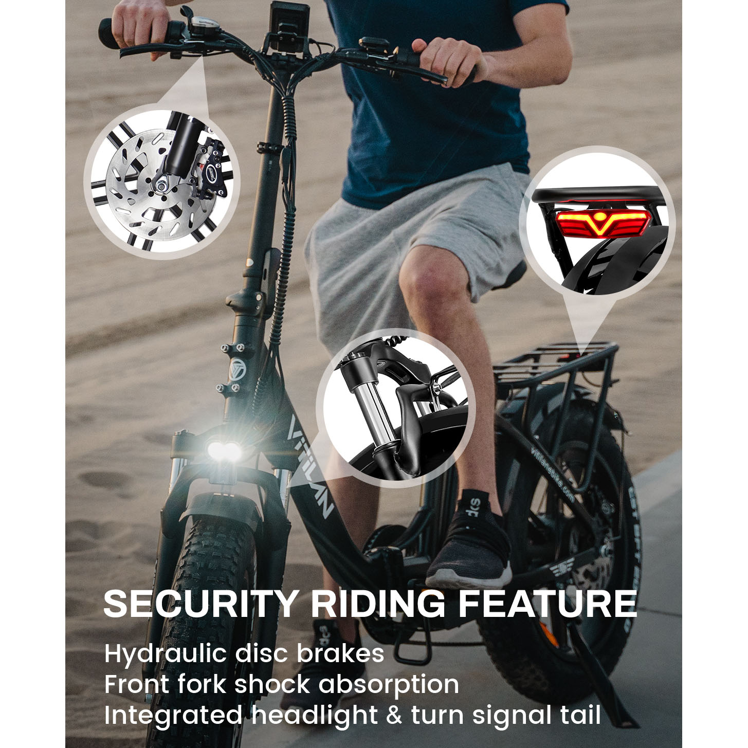 E-bike z hydraulicznymi hamulcami tarczowymi, amortyzacją widelca i zintegrowanym światłem.