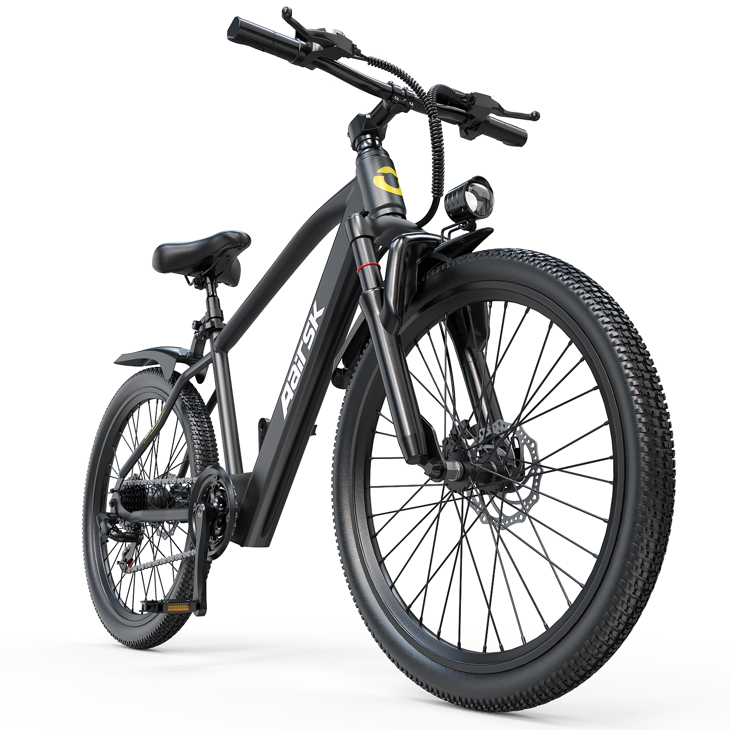 Schwarzes E-Bike mit dicken Reifen und Scheinwerfer, frontal aufgenommen.