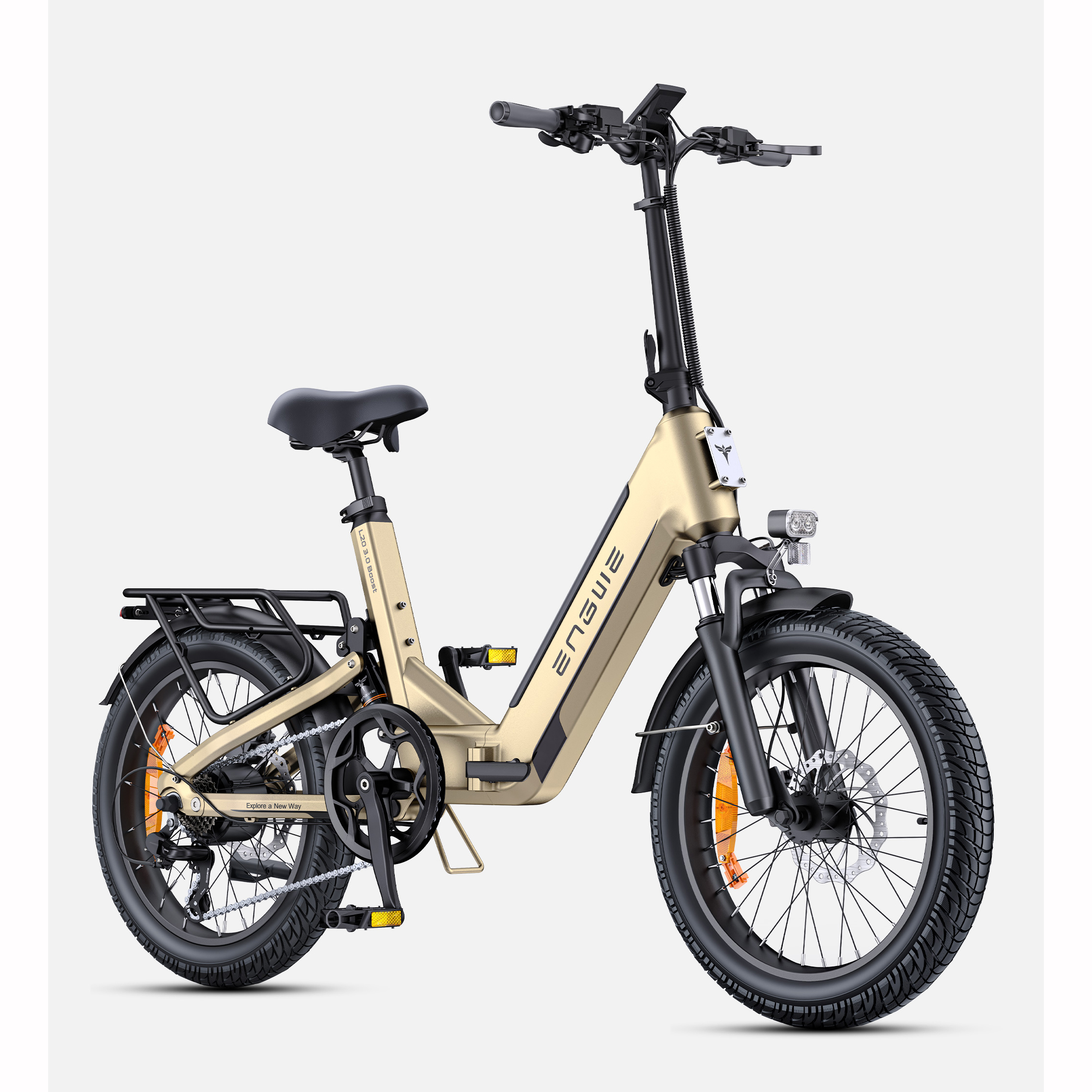 Ein goldener faltbarer Elektrorad mit schwarzem Sitz und Gepäckträger.