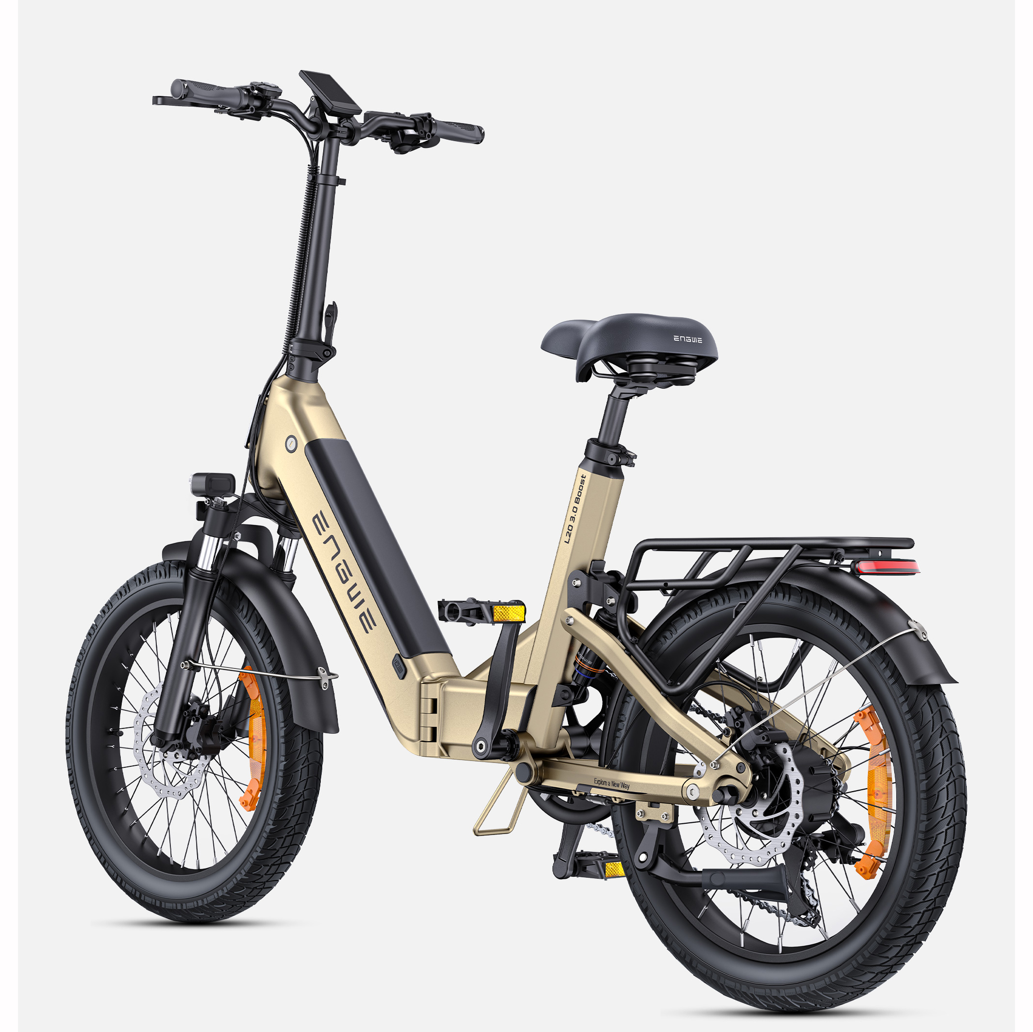 Ein goldfarbenes faltbares Elektrofahrrad mit schwarzen Reifen und Federung.