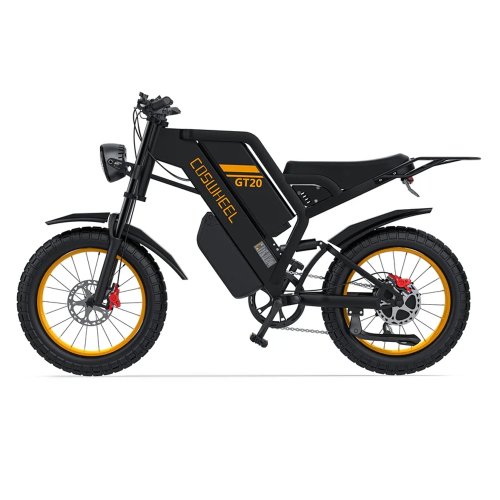 Schwarzes Elektrofahrrad mit gelben Felgen und orangefarbener Beschriftung.