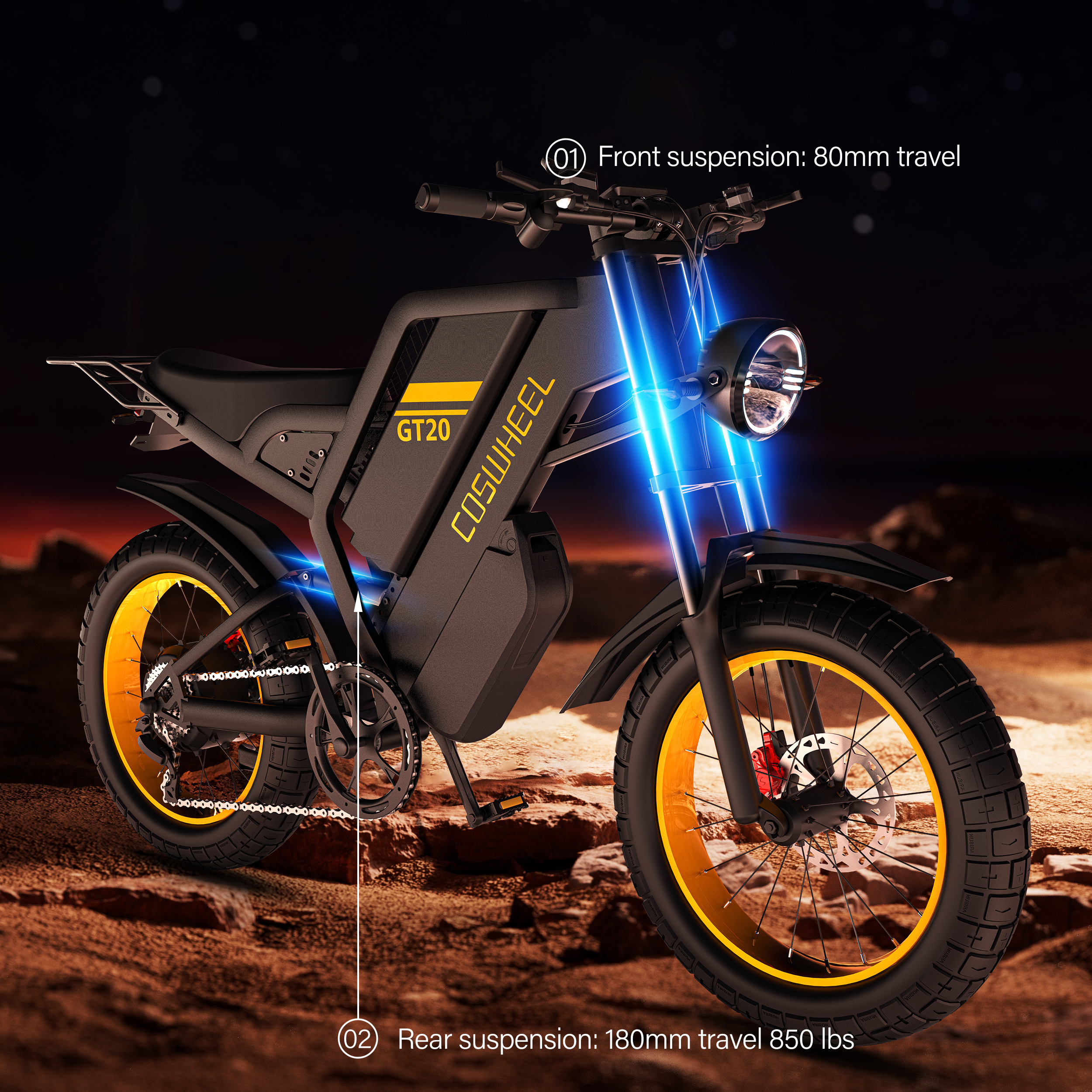 Ein schwarzes E-Bike mit gelben Felgen steht auf felsigem Boden.