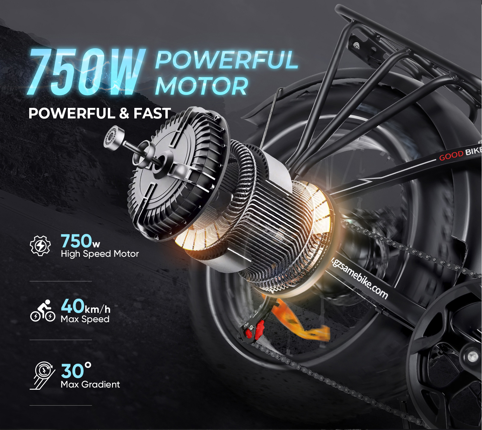 Zbliżenie potężnego silnika 750W z elementami roweru.