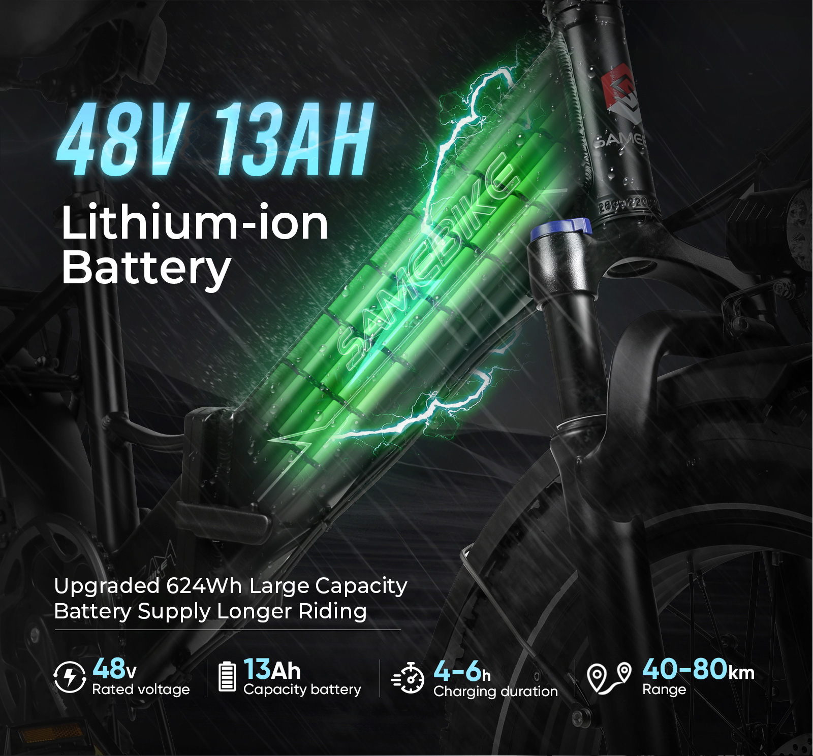 Bateria e-bike 48V 13Ah, 624Wh, ładowanie 4-6h, zasięg 40-80km.