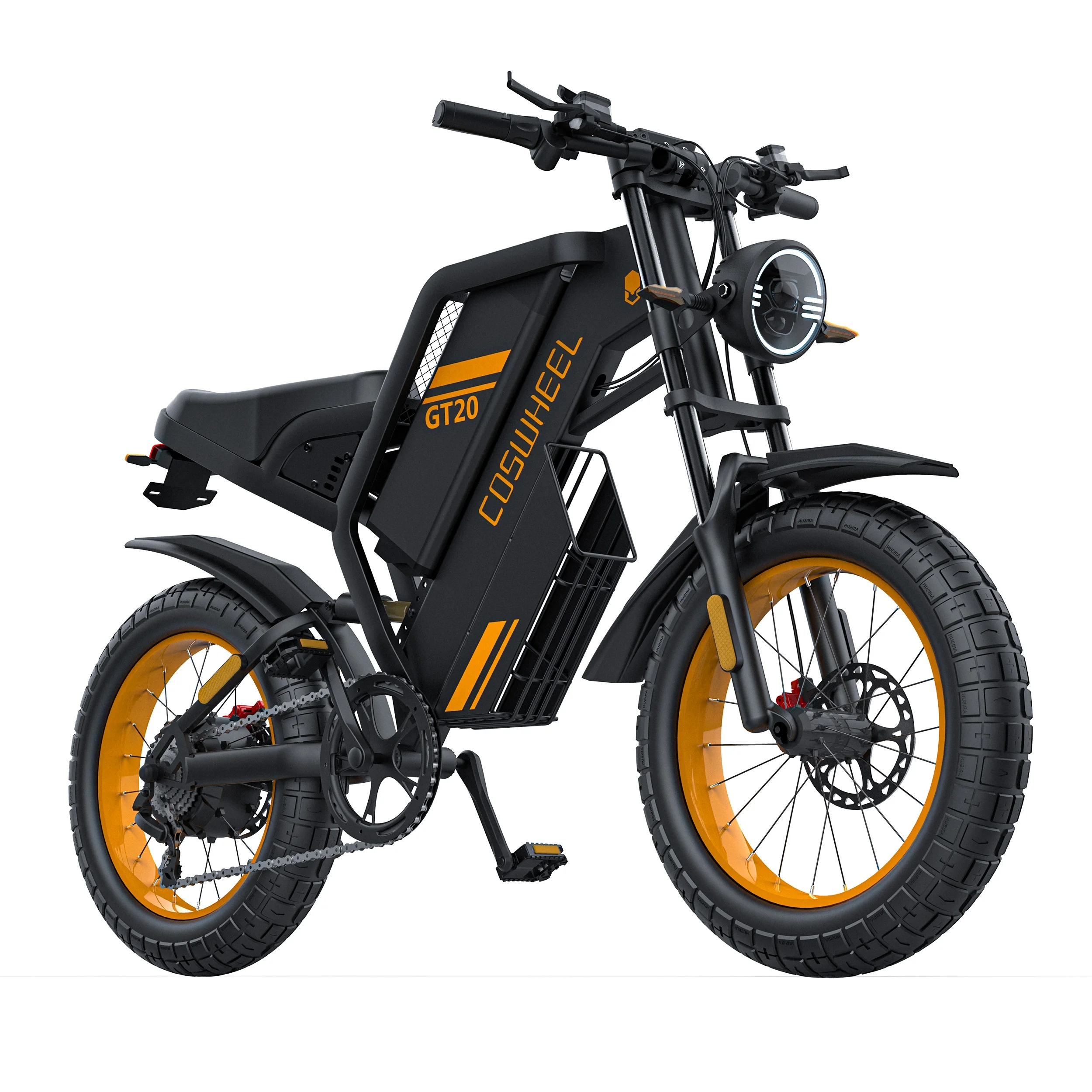 Ein schwarzes E-Bike mit orangefarbenen Felgen und orangefarbenen Akzenten steht auf weißem Hintergrund.