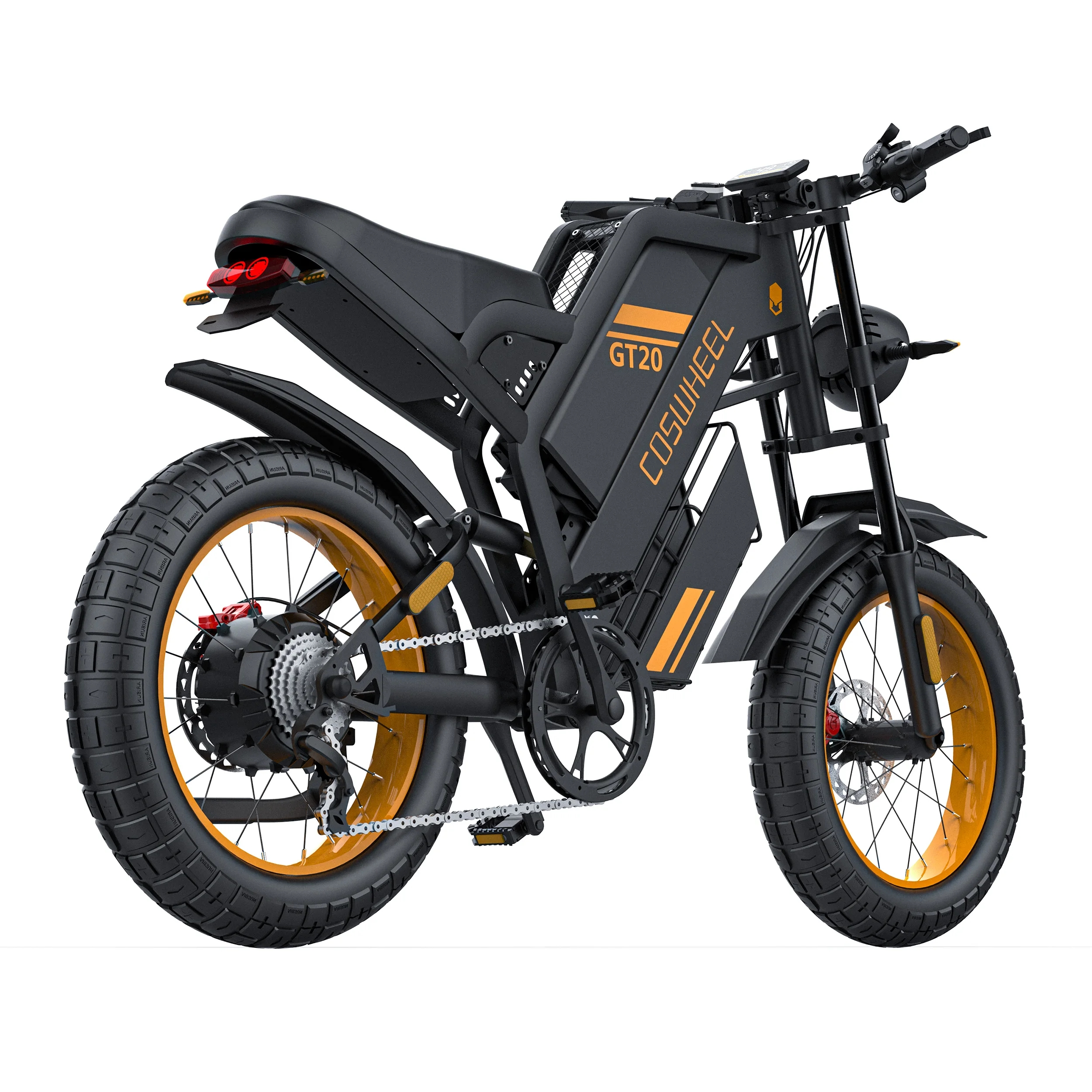 Ein schwarzes E-Bike mit orangefarbenen Akzenten und breiten Reifen.