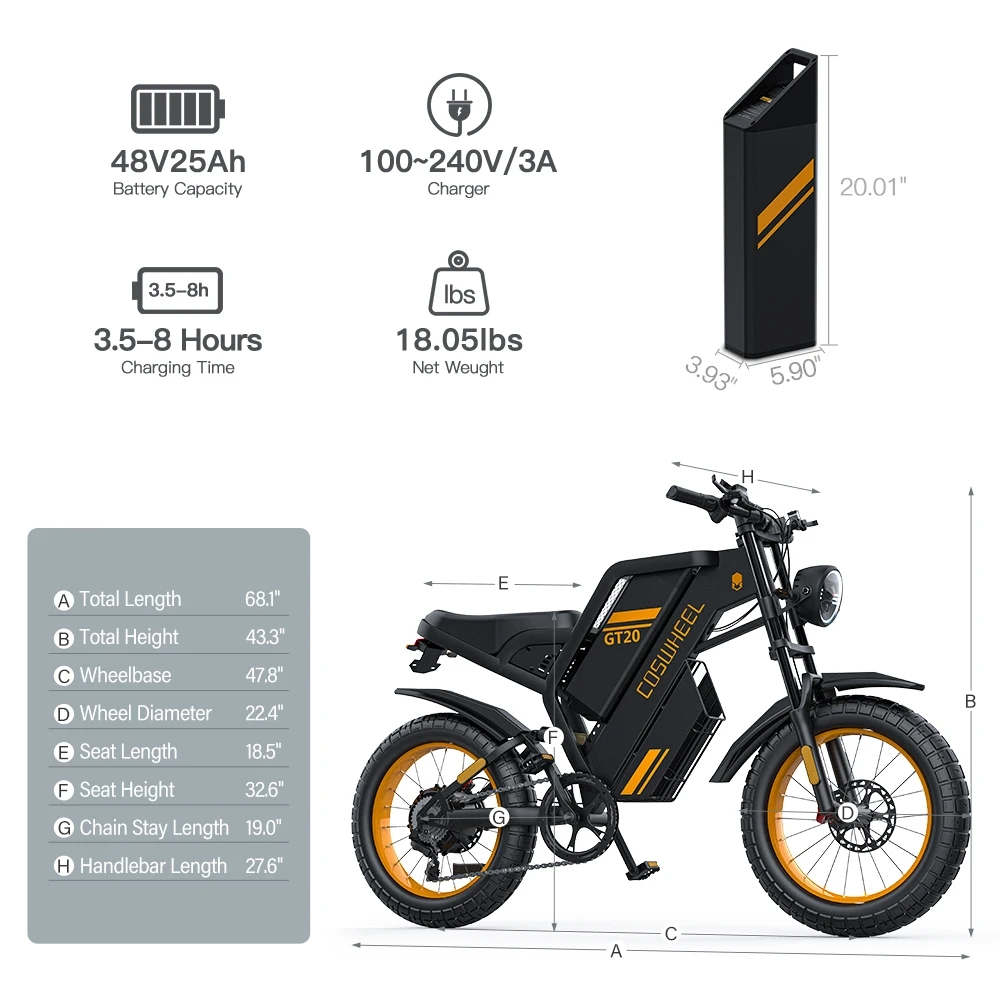 Elektrofahrrad-Spezifikationen: 48V 25Ah Akku, 3,5-8h Ladezeit, 18,05lbs Nettogewicht, Ladegerät.