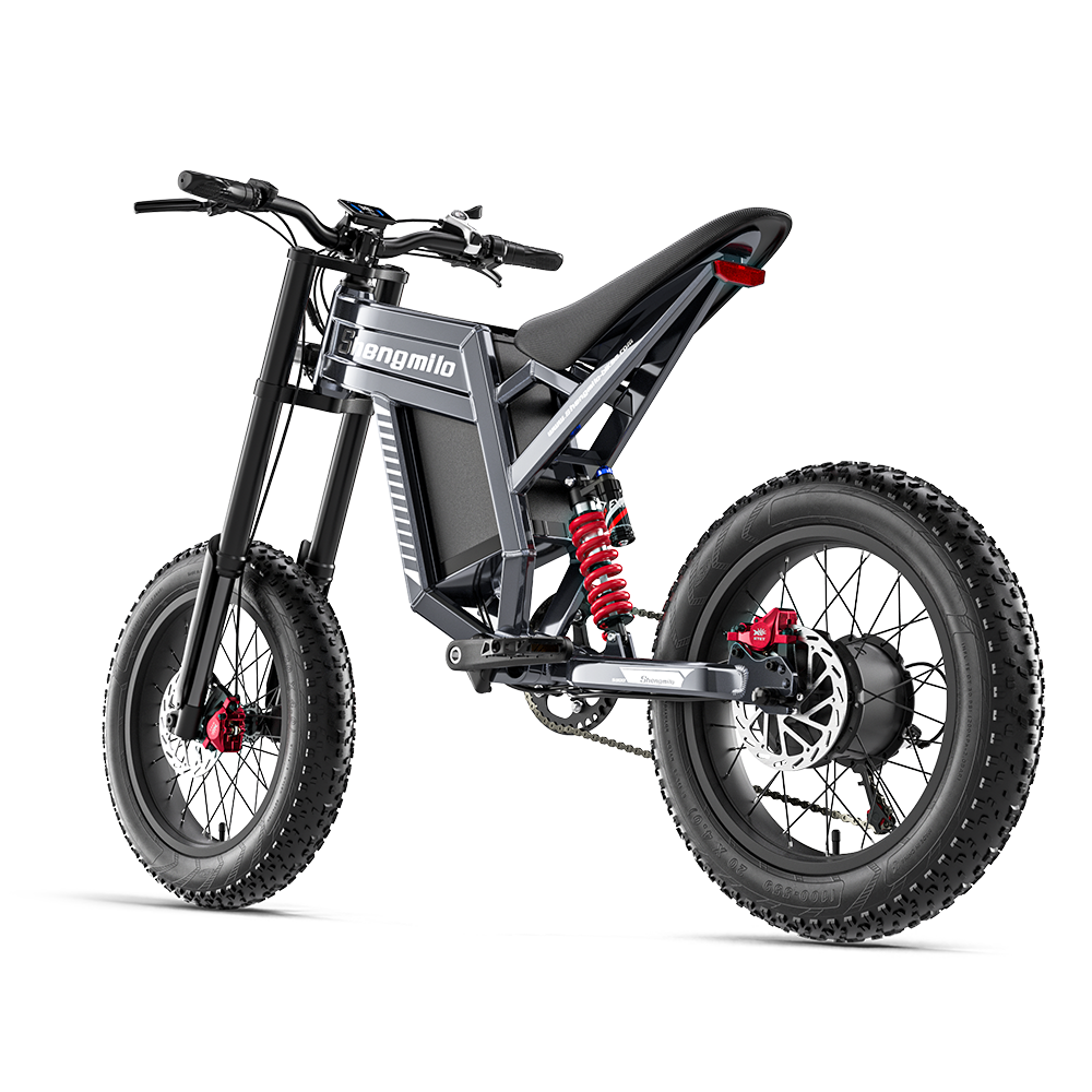 Ein schwarzes E-Bike mit breiten Reifen, roten Stoßdämpfern und einem auffälligen Rahmen.