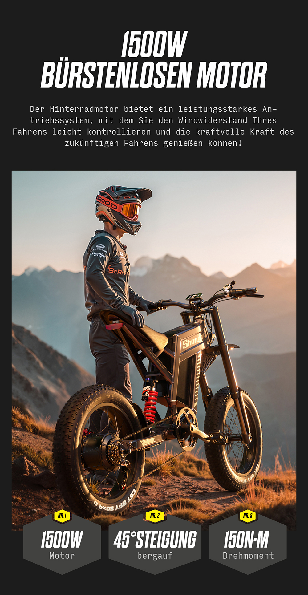 Ein Mann in voller Montur steht neben einem E-Bike im Gebirge.