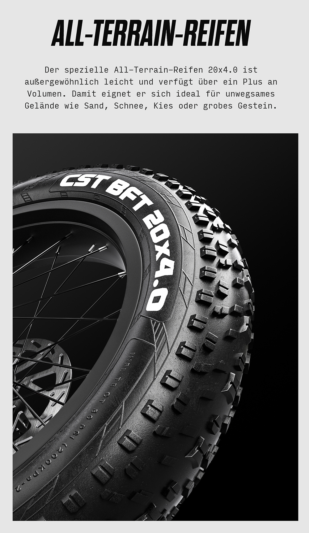 Nahaufnahme eines CST BFT 20x4.0 All-Terrain-Reifens mit grobem Profil.
