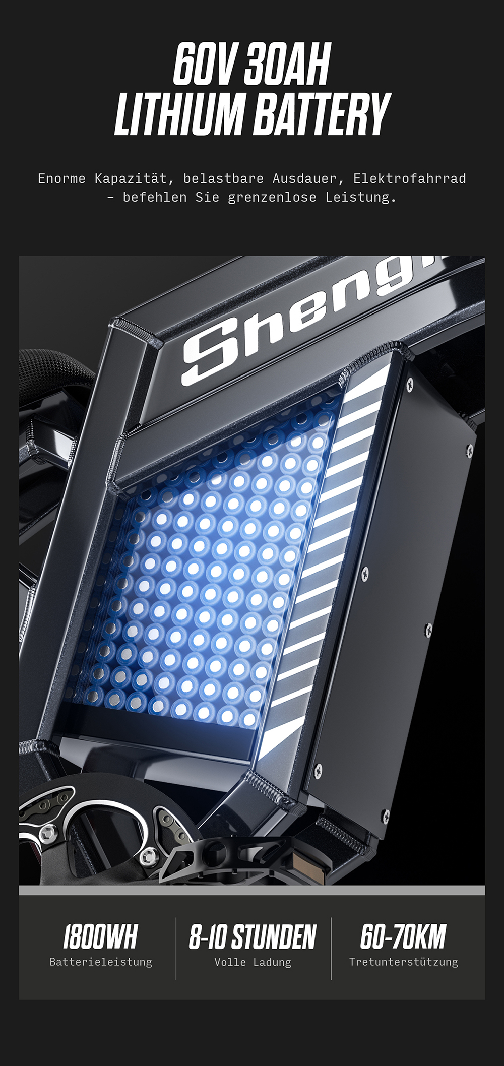 Ein 60V 30Ah Lithium-Akku mit blauen Zellen und silbernen Streifen.