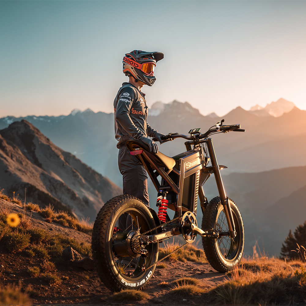 Ein Mann in voller Montur steht neben einem E-Bike in den Bergen bei Sonnenuntergang.