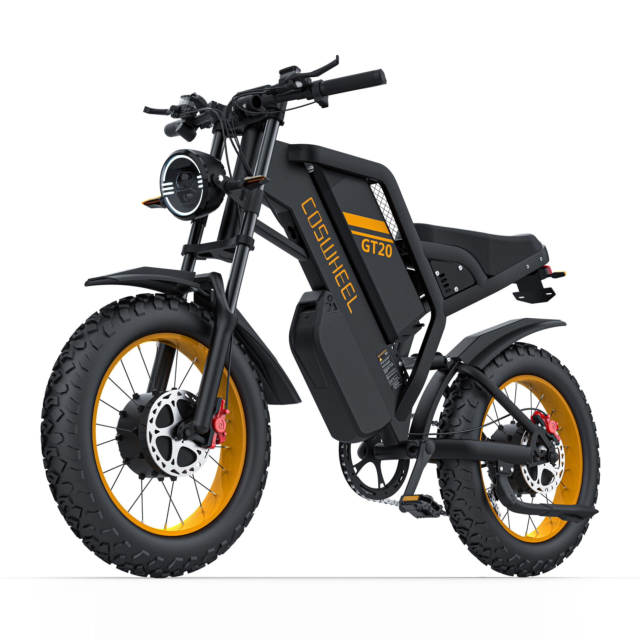 Schwarzes E-Bike mit orangefarbenen Felgen und gelben Akzenten.