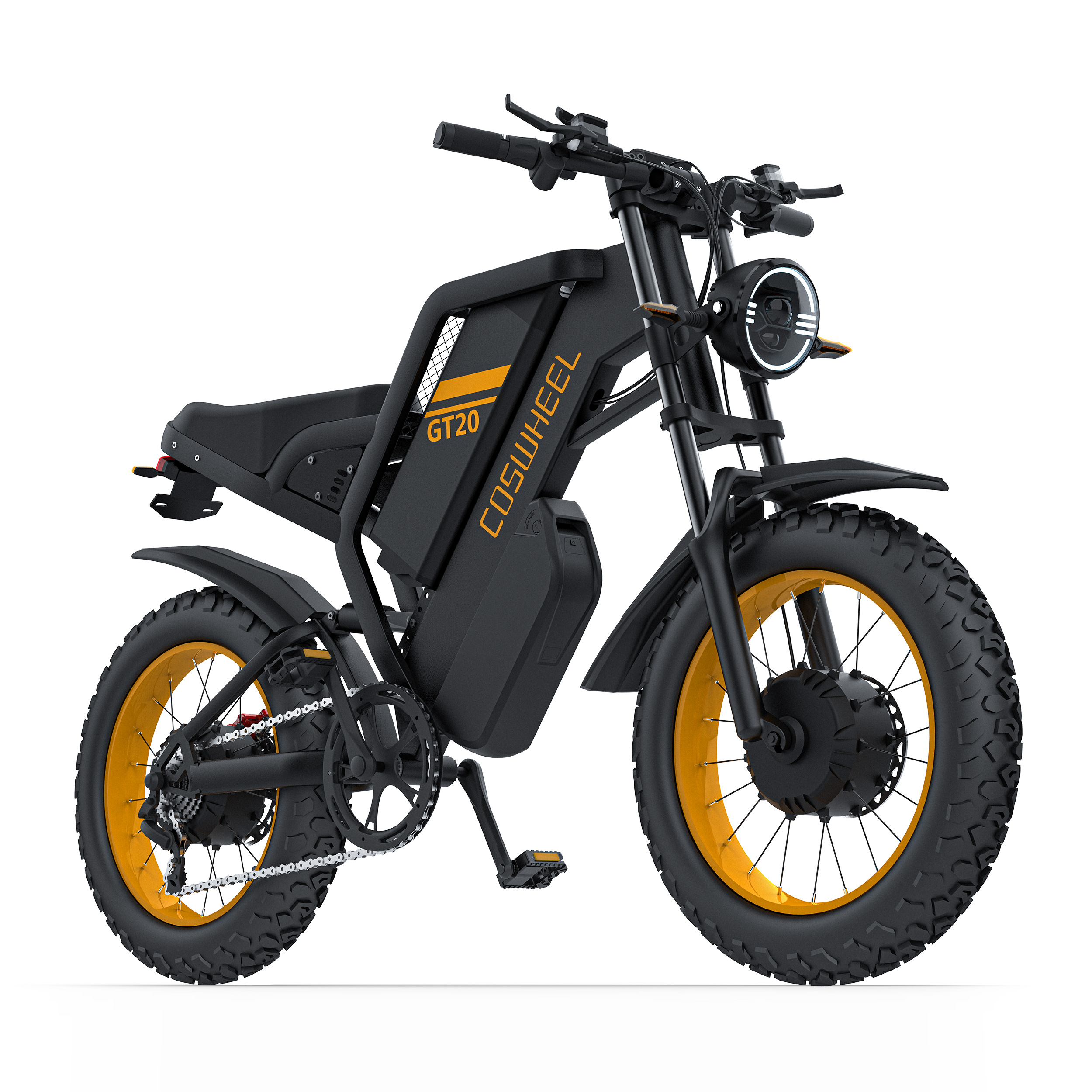 Schwarzes E-Bike mit orangefarbenen Felgen, breiten Reifen und LED-Scheinwerfer.
