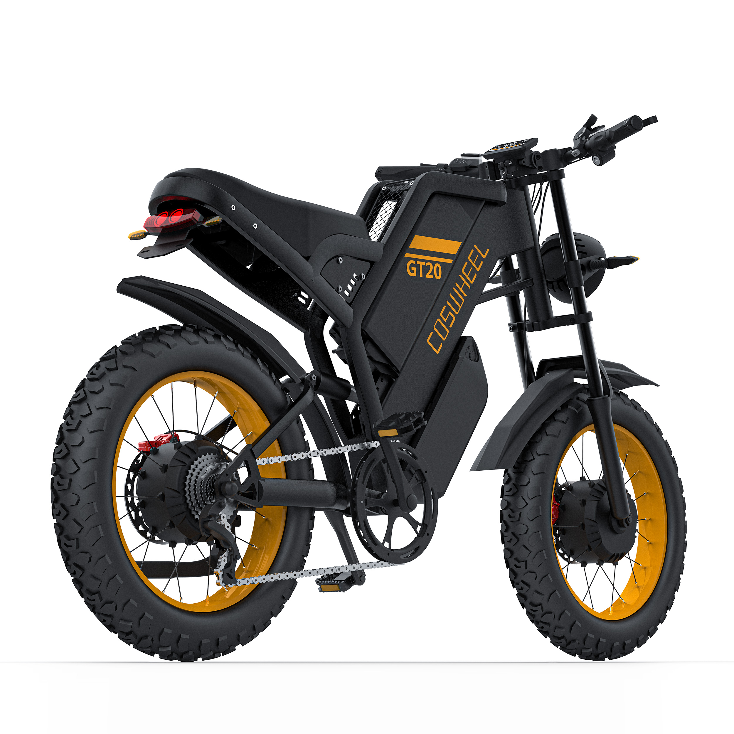 Schwarzes E-Bike mit orangefarbenen Akzenten, breiten Reifen und gelben Blinkern.