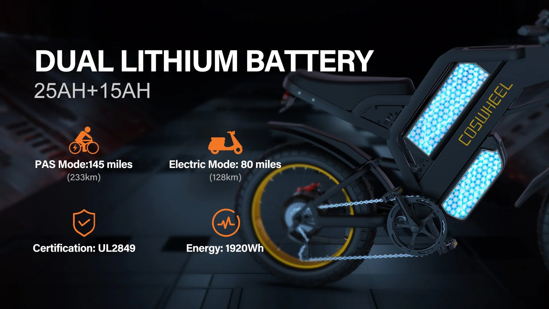 E-Bike mit Dual-Lithium-Akku, 25AH+15AH, Reichweite 145 Meilen (PAS).