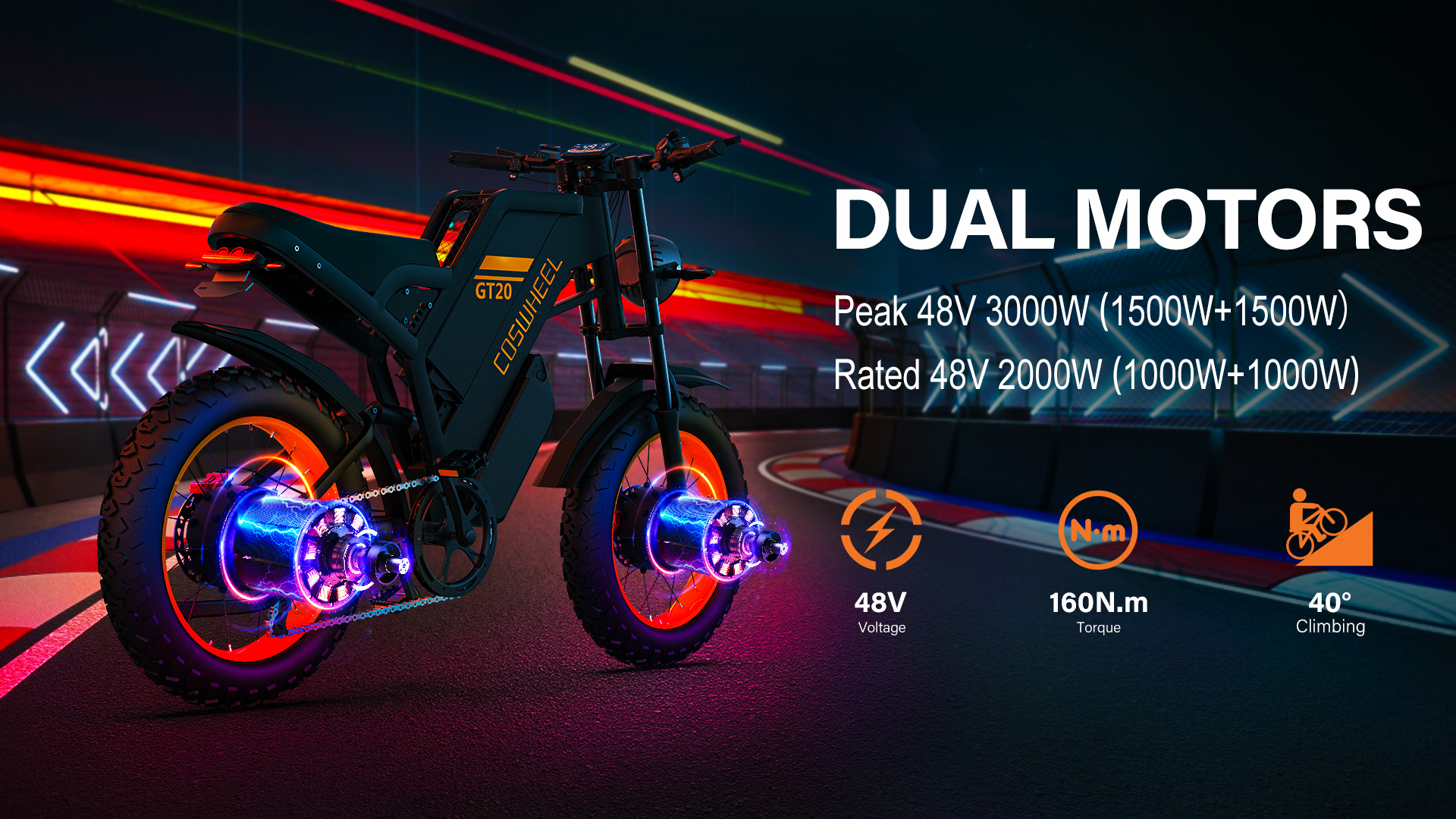 Ein schwarzes E-Bike mit leuchtenden Rädern und "DUAL MOTORS" Schriftzug.