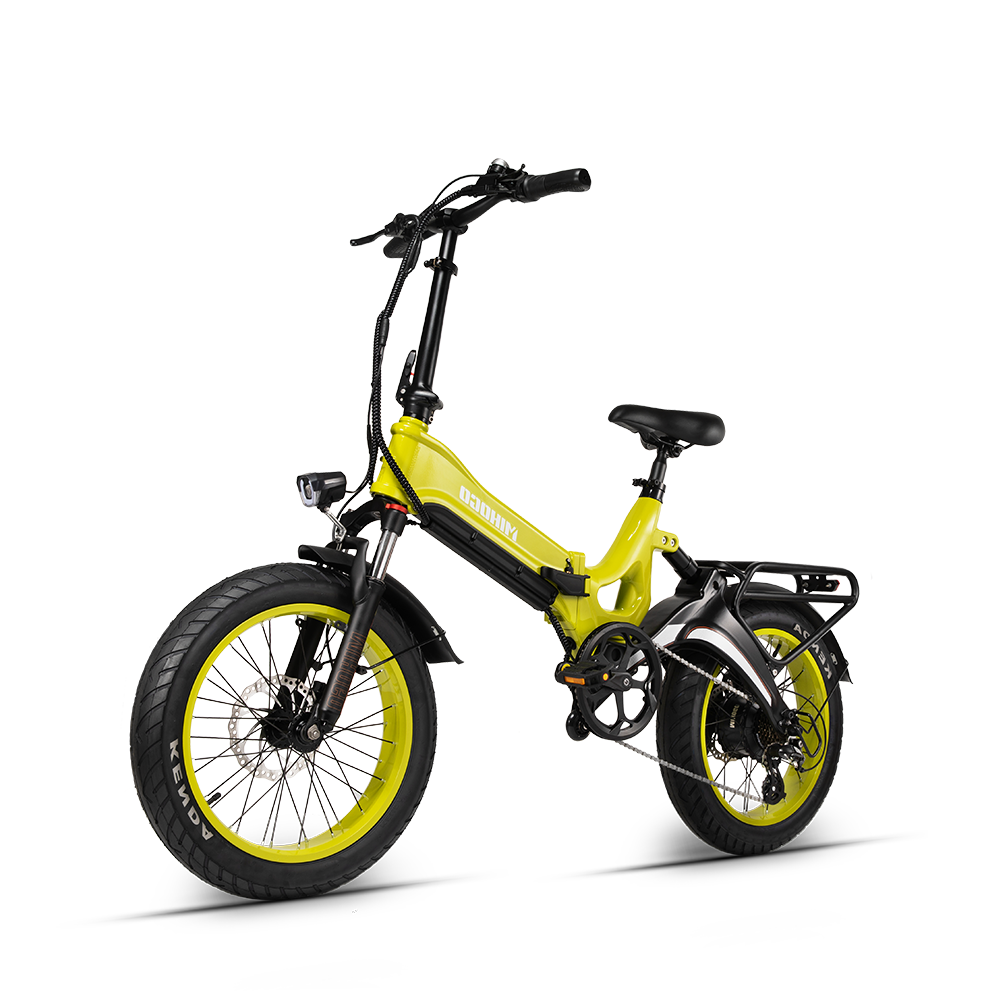 Ein gelbes Klapp-E-Bike mit fetten Reifen und schwarzem Gepäckträger.