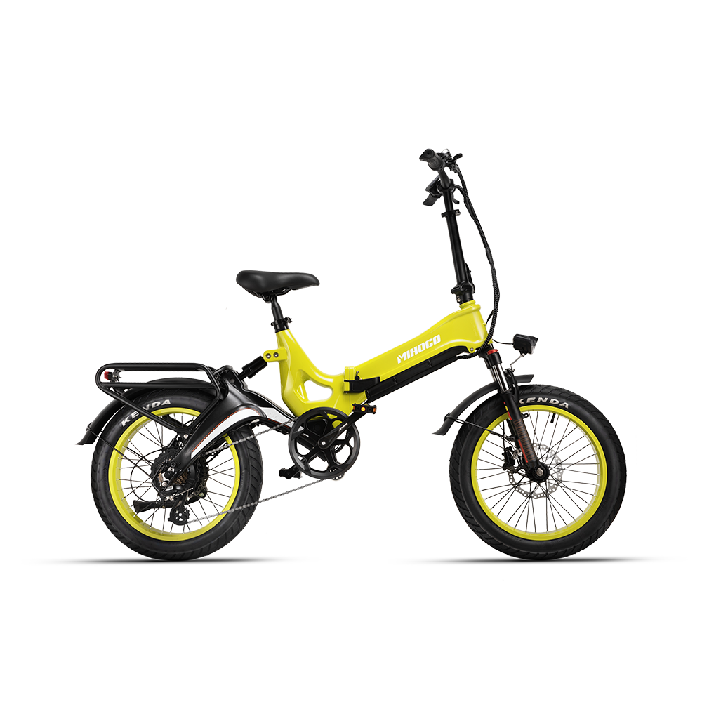 Ein gelbes Klapp-E-Bike mit schwarzen Akzenten und Reifen.