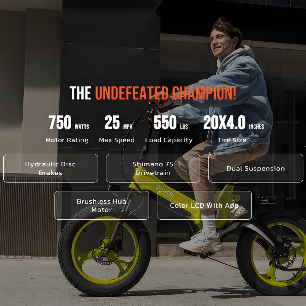 Mann auf gelbem E-Bike mit Spezifikationen: 750W, 25MPH, 550LBS, 20x4.0 Zoll Reifen.