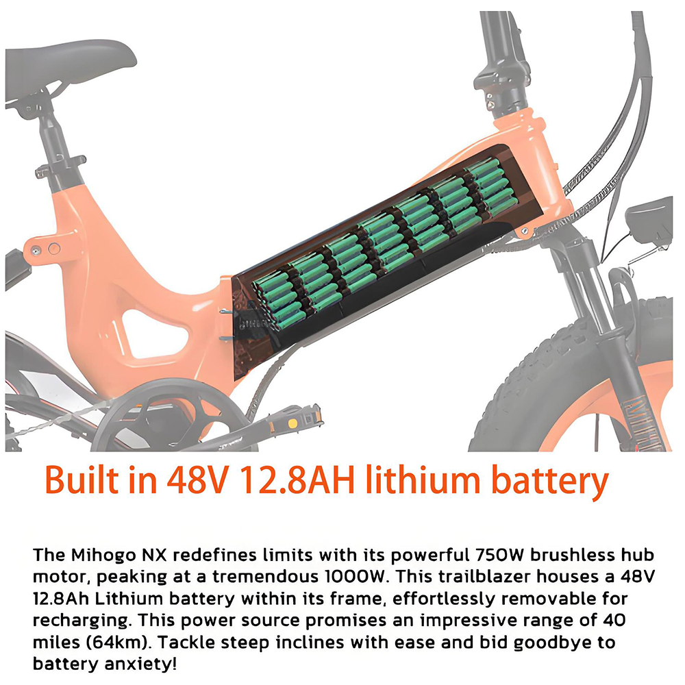 Orange E-Bike mit freigelegtem Lithium-Akku im Rahmen.