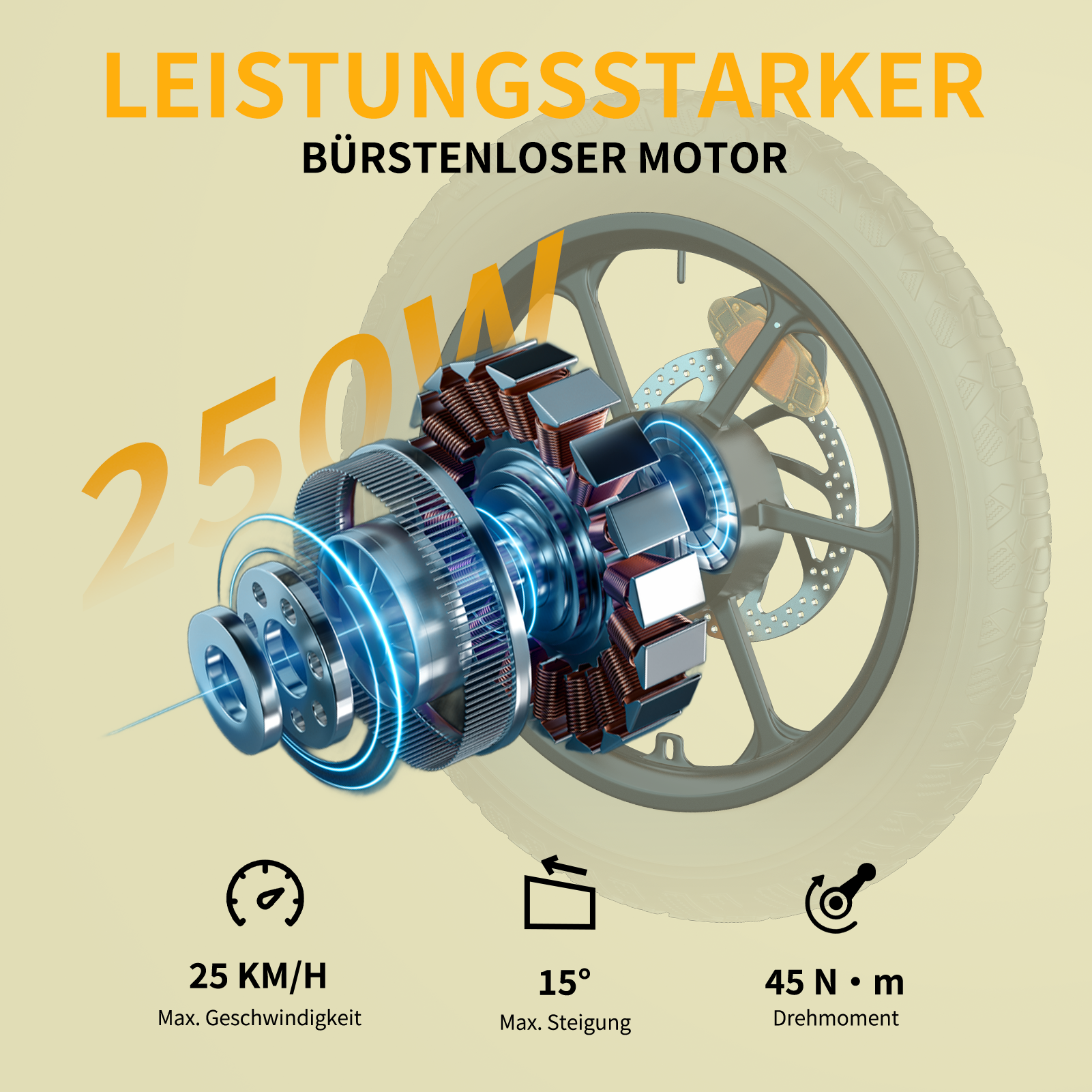 Leistungsstarker bürstenloser Motor, 250W, 25 km/h, 15° Steigung, 45 Nm.