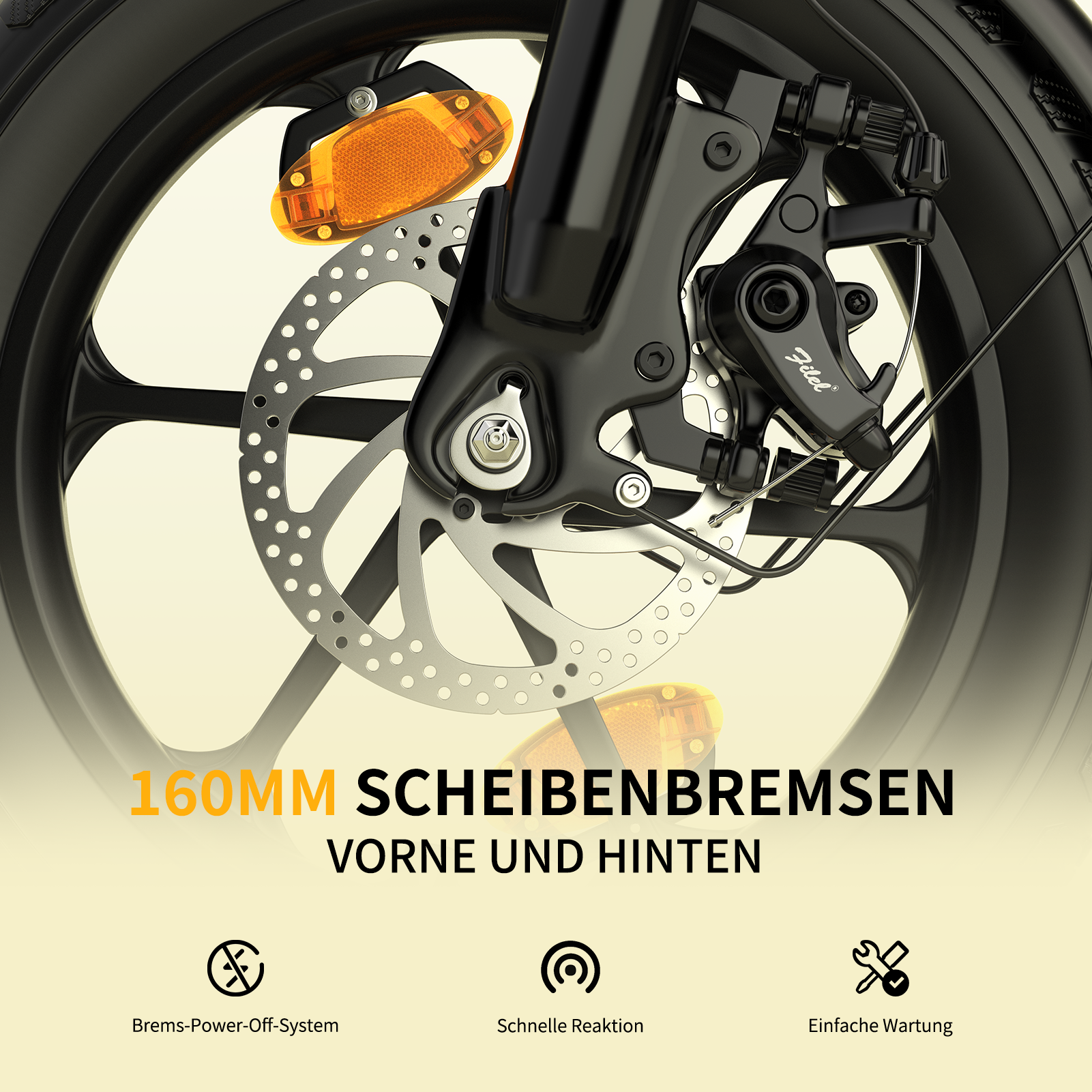Nahaufnahme der Fahrradscheibenbremse mit Reflektor und Text.