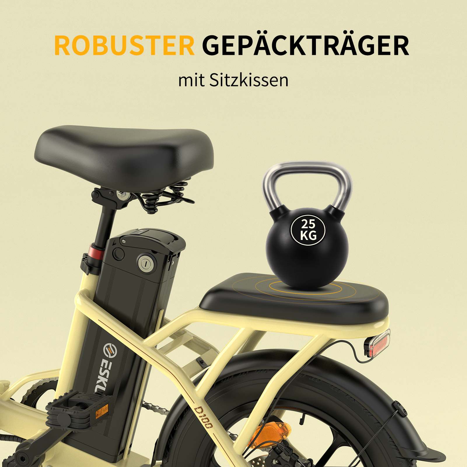 Ein gelbes Fahrrad mit einem schwarzen Sattel, Akku und einem 25 kg Kettlebell.