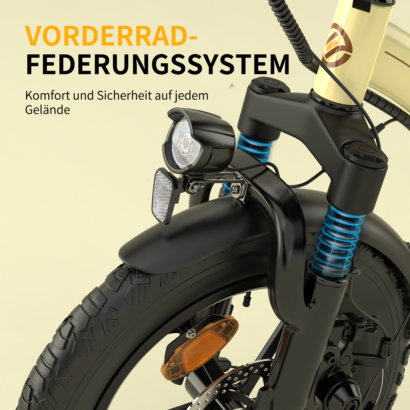 Vordergabel eines Fahrrads mit Scheinwerfer, Federung und Reifen.