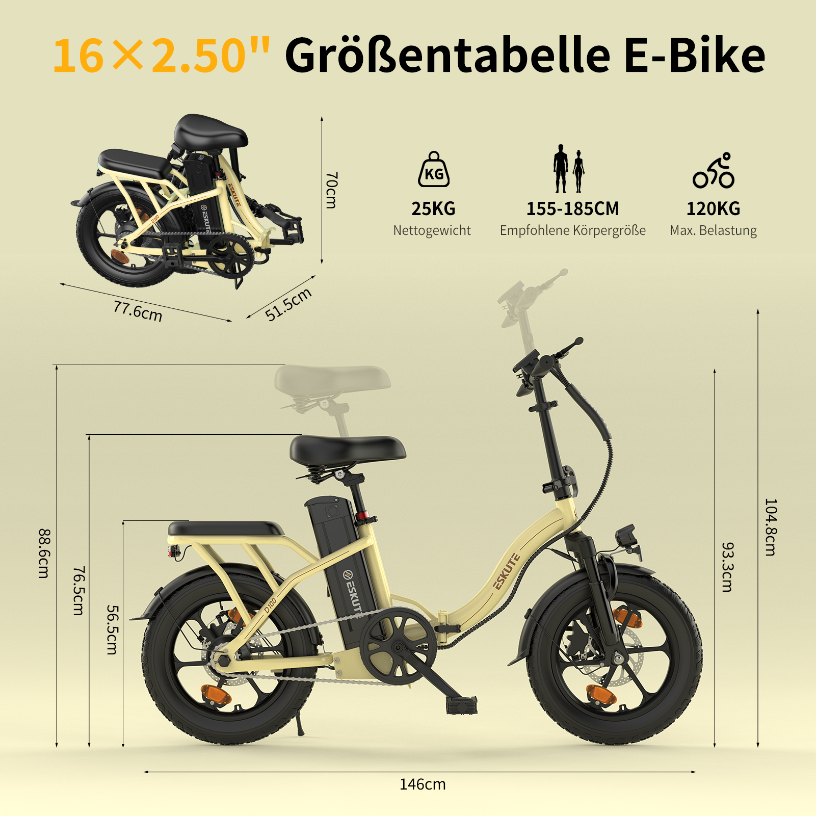 Ein hellbeiges faltbares E-Bike mit Maßangaben und Spezifikationen.