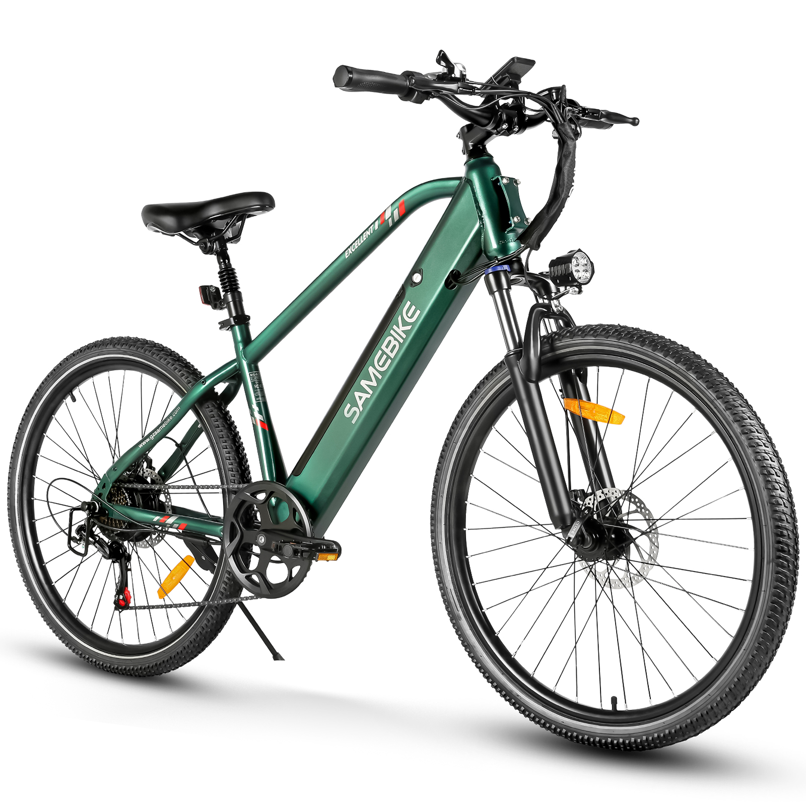 Zielony rower elektryczny z czarnym siodełkiem, amortyzowanym widelcem i szerokimi oponami.