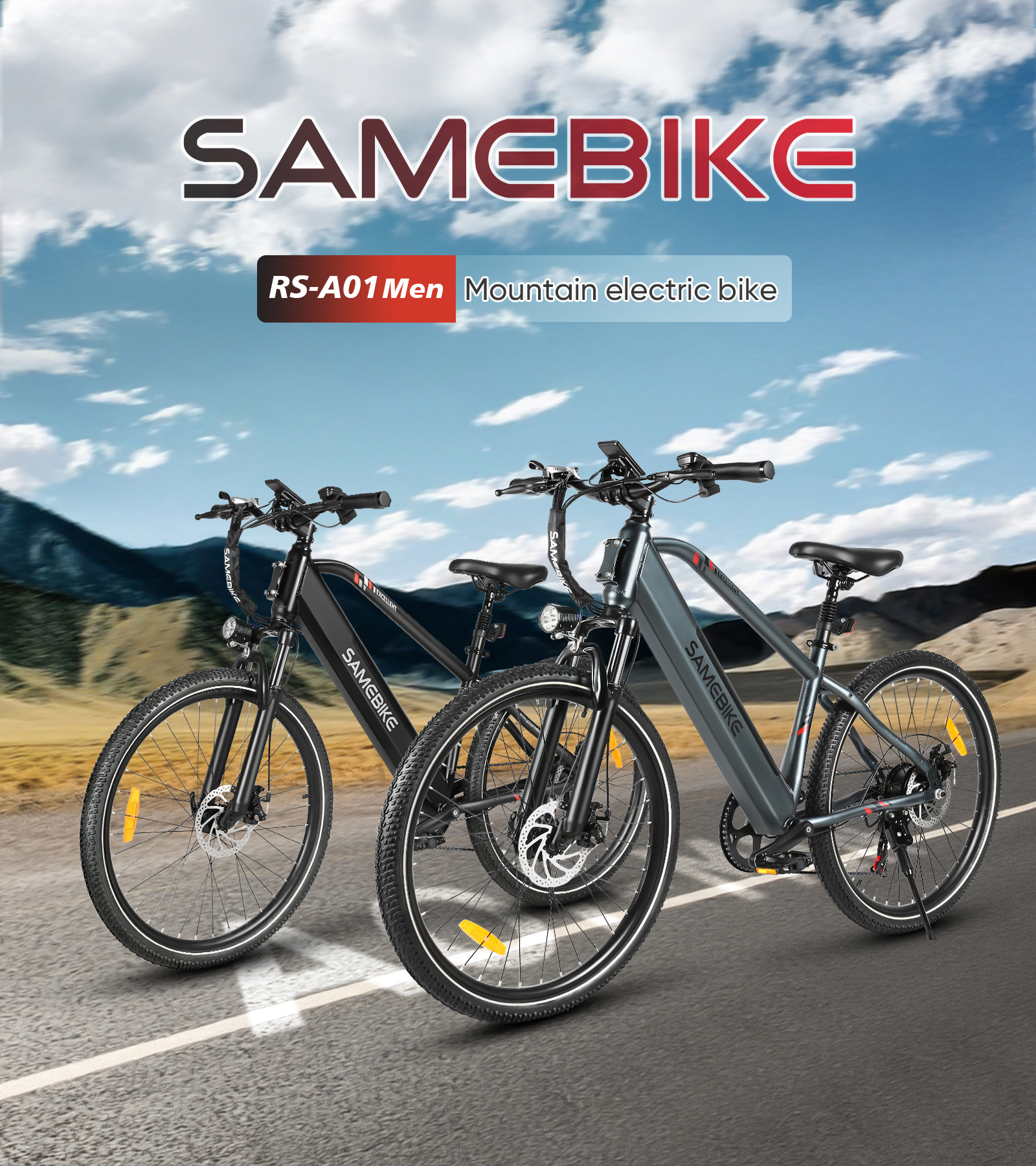 Dwa rowery elektryczne SAMEBIKE górskie stoją na drodze przed górami.