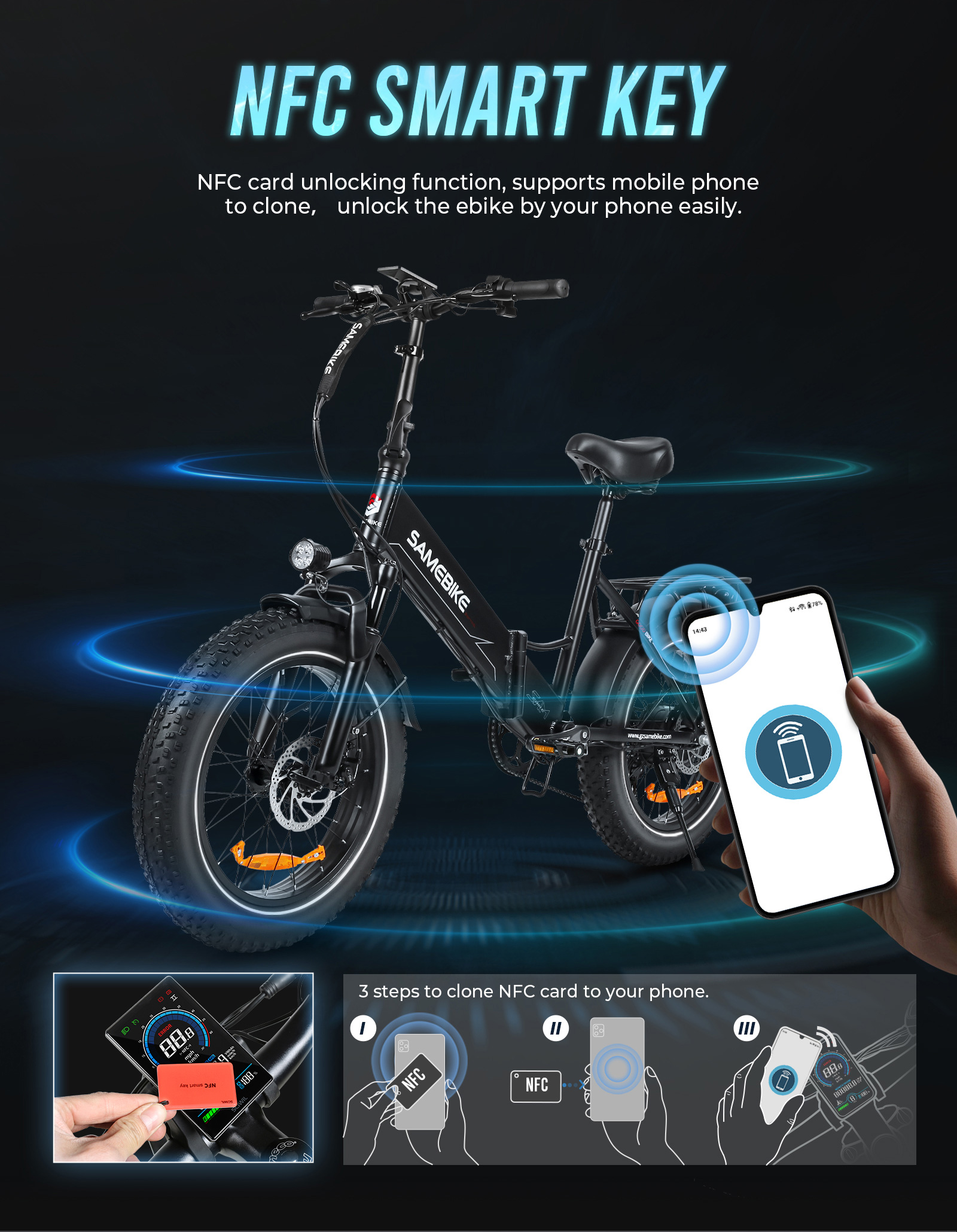 Czarny rower elektryczny z kluczem NFC i sterowaniem aplikacją mobilną.