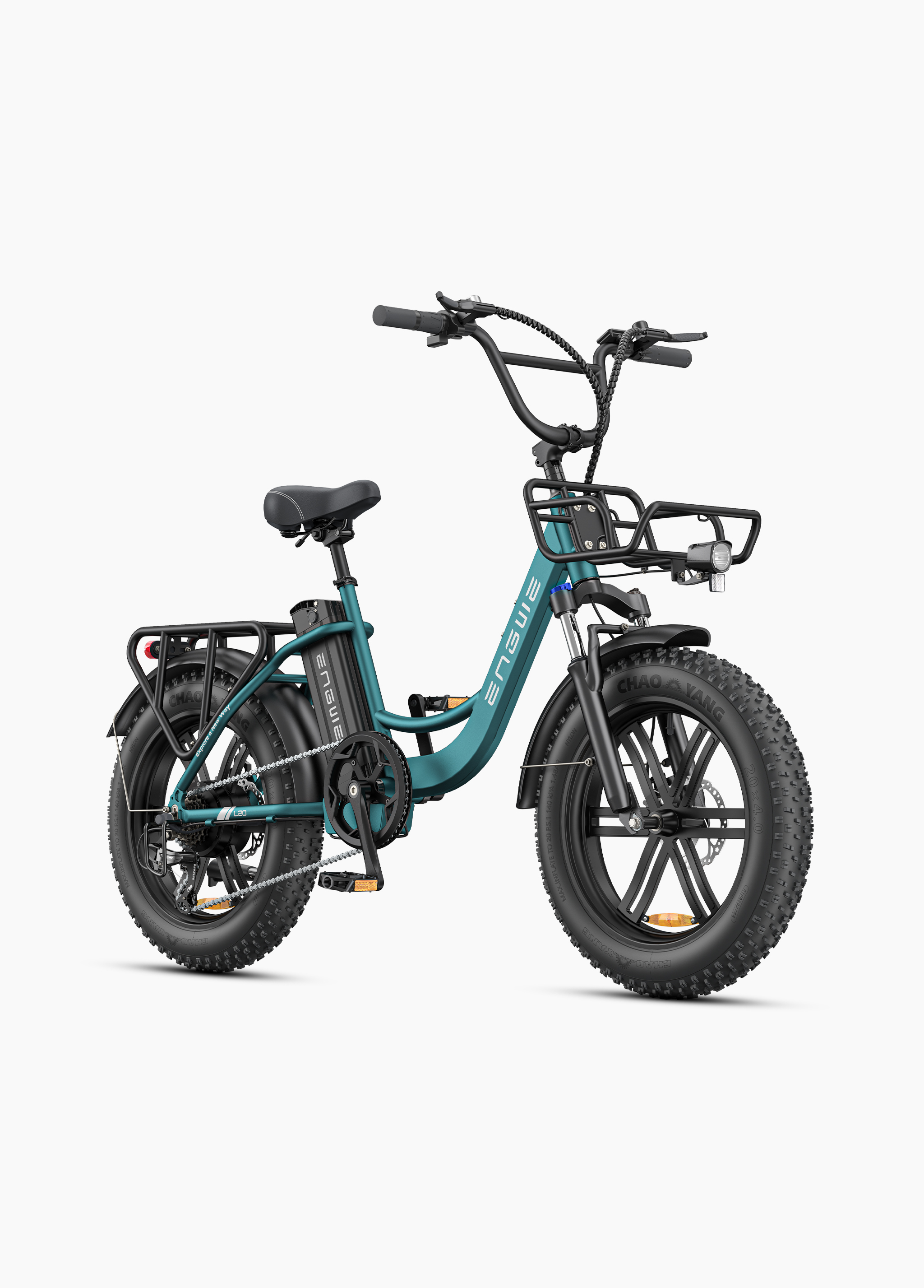 Ein teal faltbares E-Bike mit dicken Reifen, vorderem und hinterem Gepäckträger.
