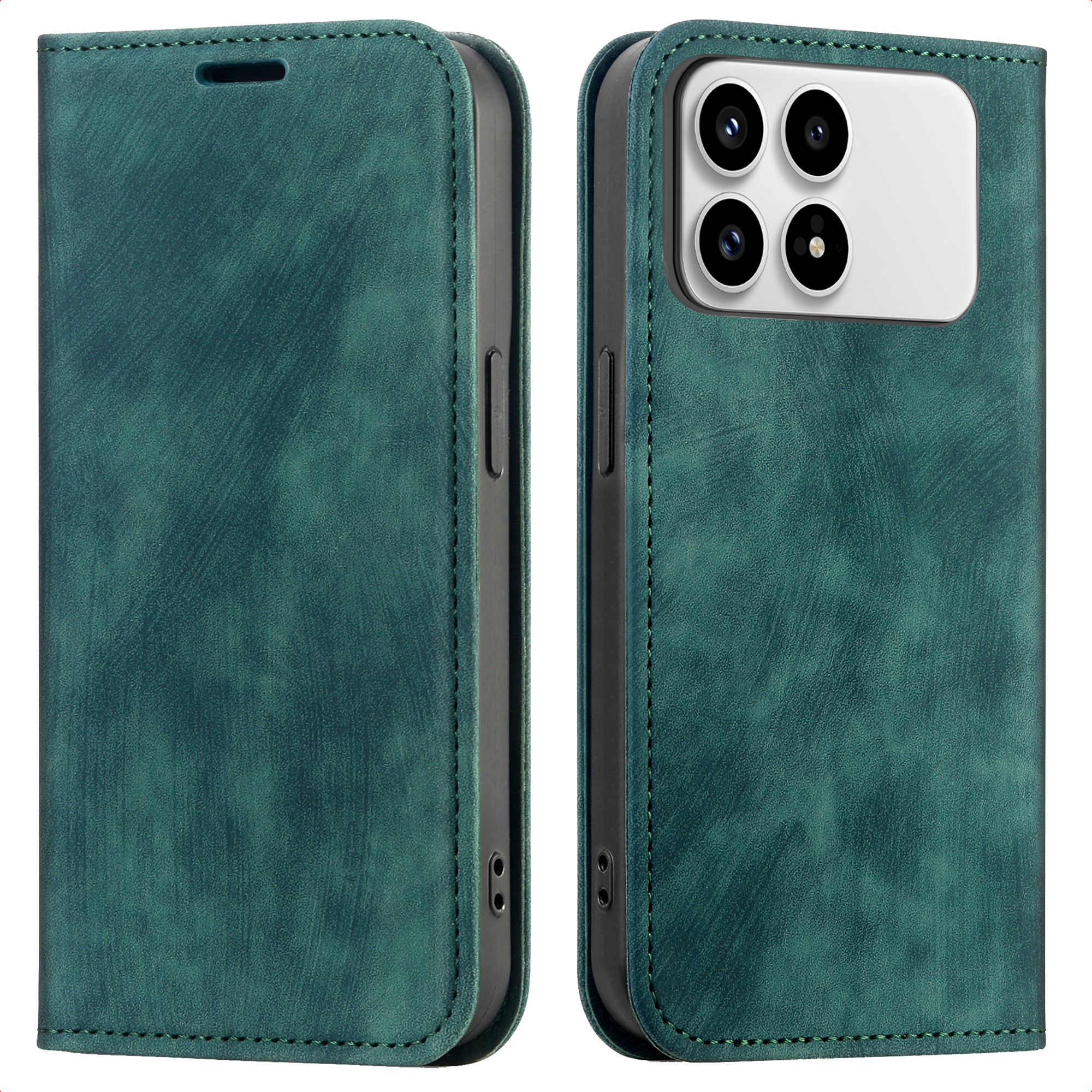 Een groene flipcase voor smartphone met vier camera's.