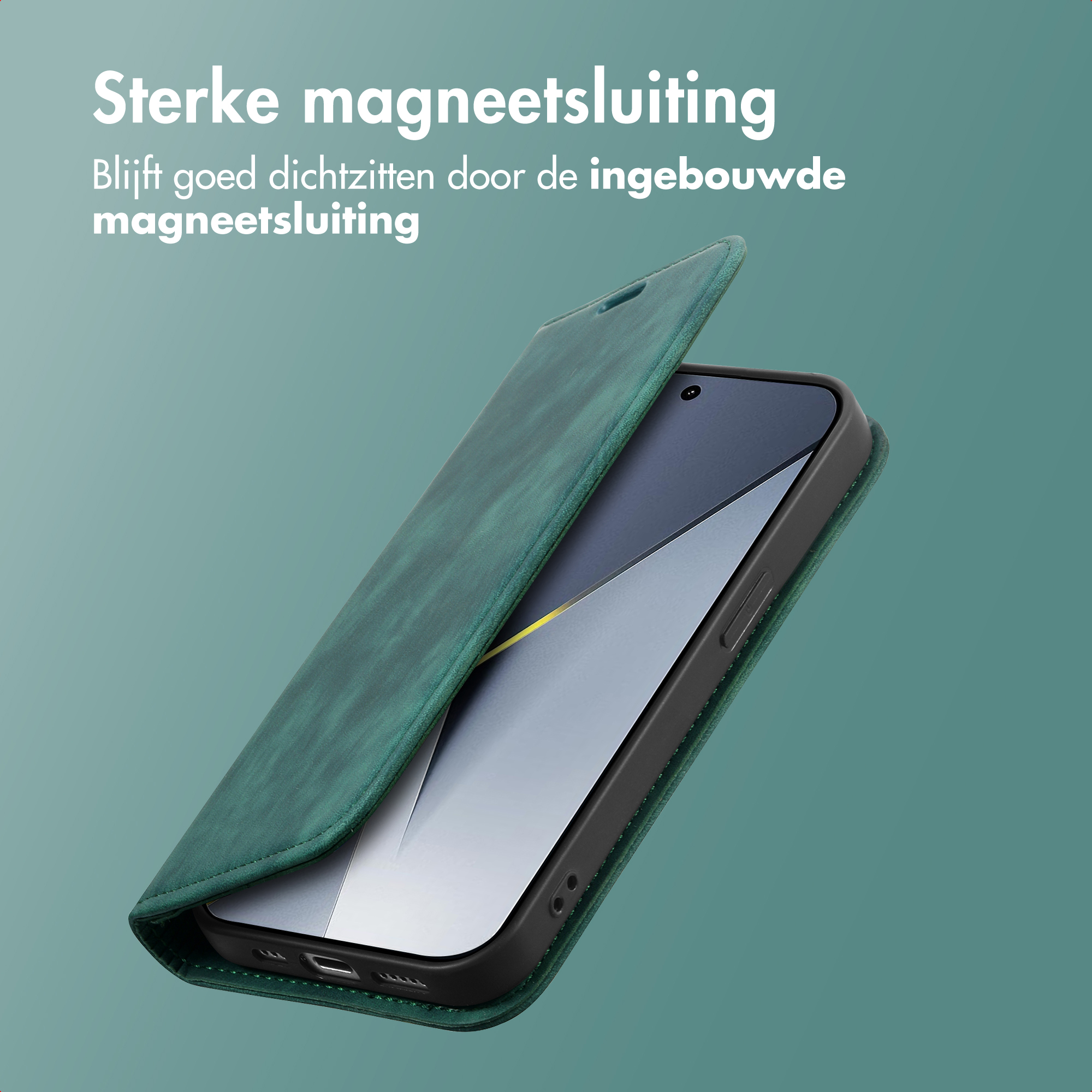 Een groene flipcase met magnetische sluiting ligt op een telefoon.