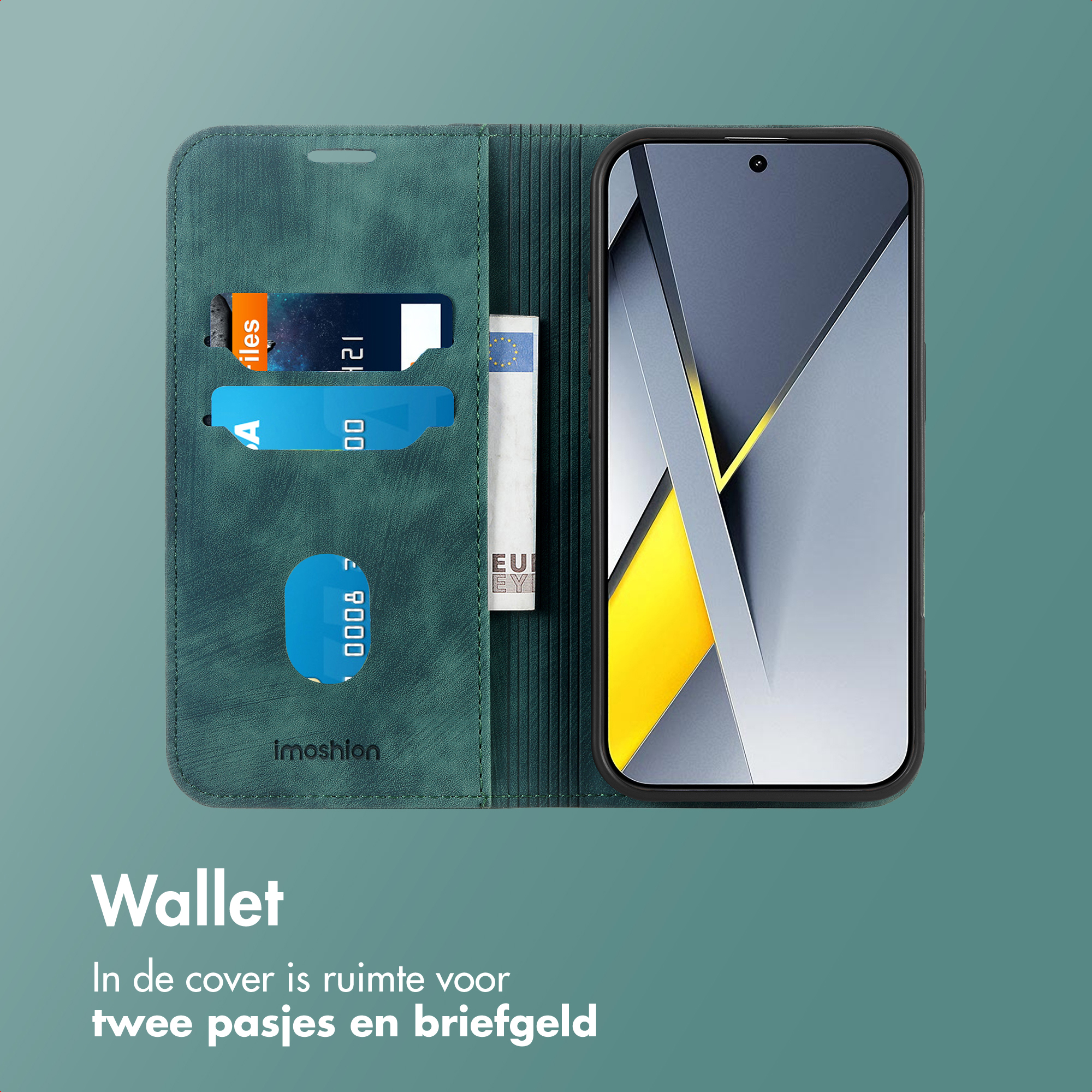 Groene telefoonhoes met kaartsleuven, eurobiljet en smartphone. Imoshion logo.