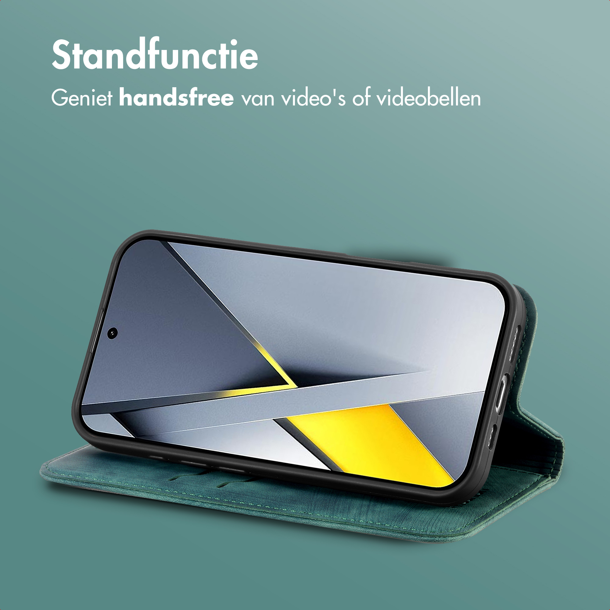 Een smartphone in een groene hoes staat rechtop. Het toont een abstract patroon.