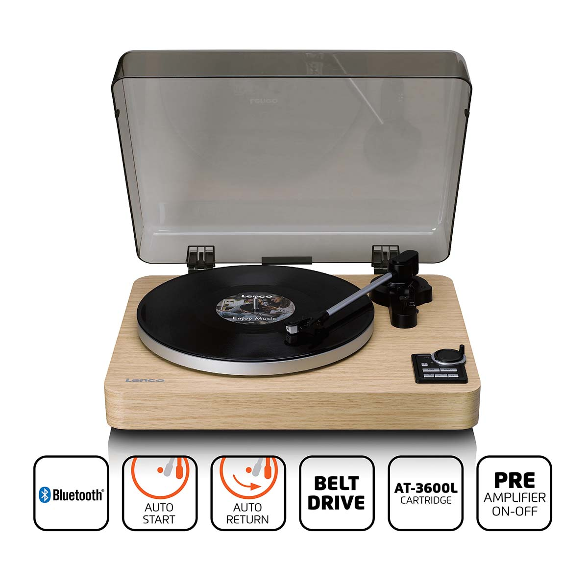 Gramofon imitujący drewno z otwartą pokrywą, czarną płytą i ikonami.