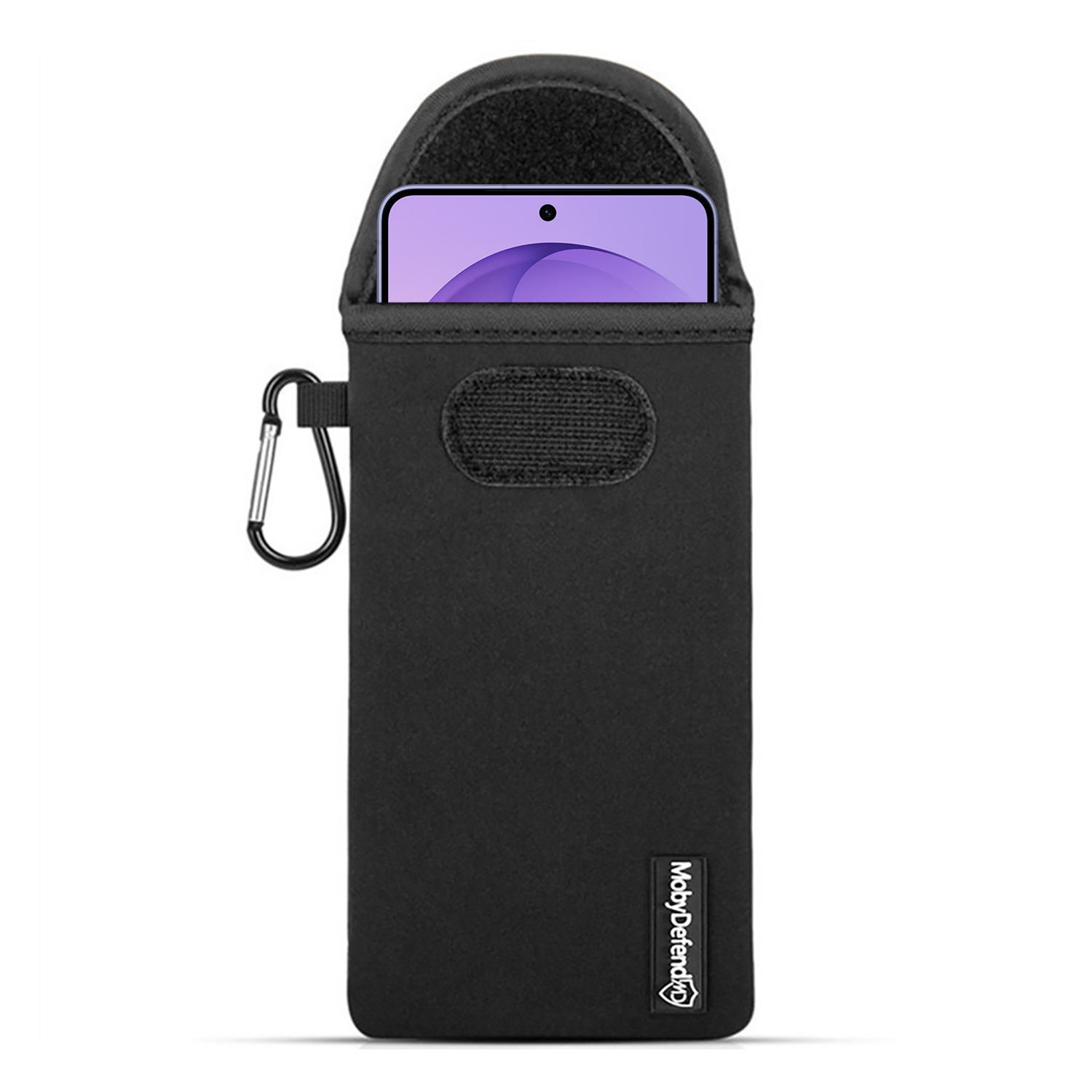 Pochette noire pour téléphone avec mousqueton et écran violet.