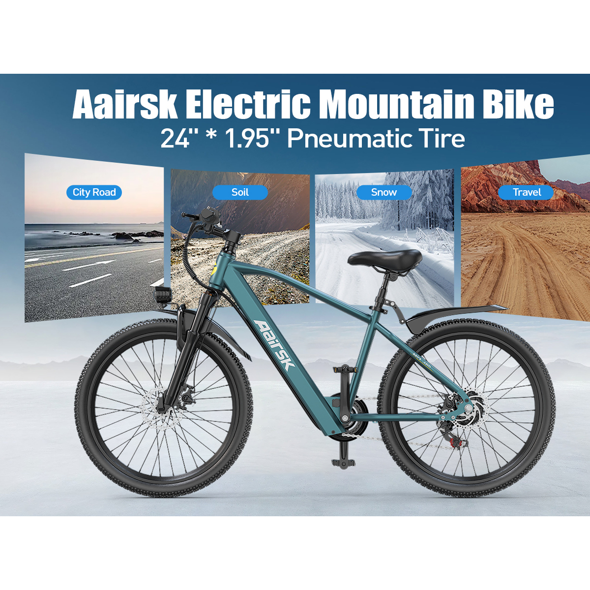 Ein tealfarbenes Aairsk E-Mountainbike mit 4 verschiedenen Terrains: Stadtstraße, Erde, Schnee, Reise.