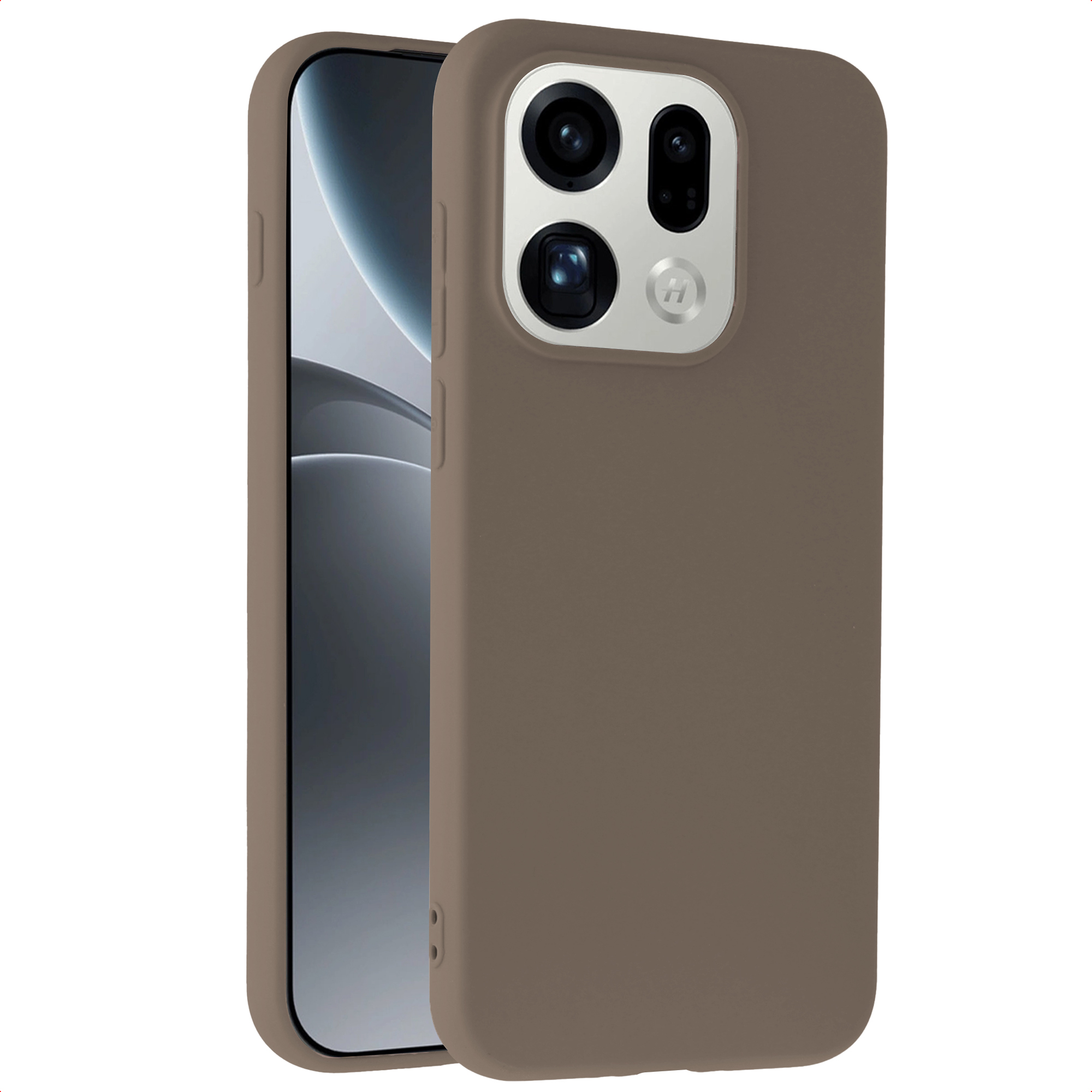 Coque de téléphone marron avec objectifs de caméra et logo argenté sur fond blanc.