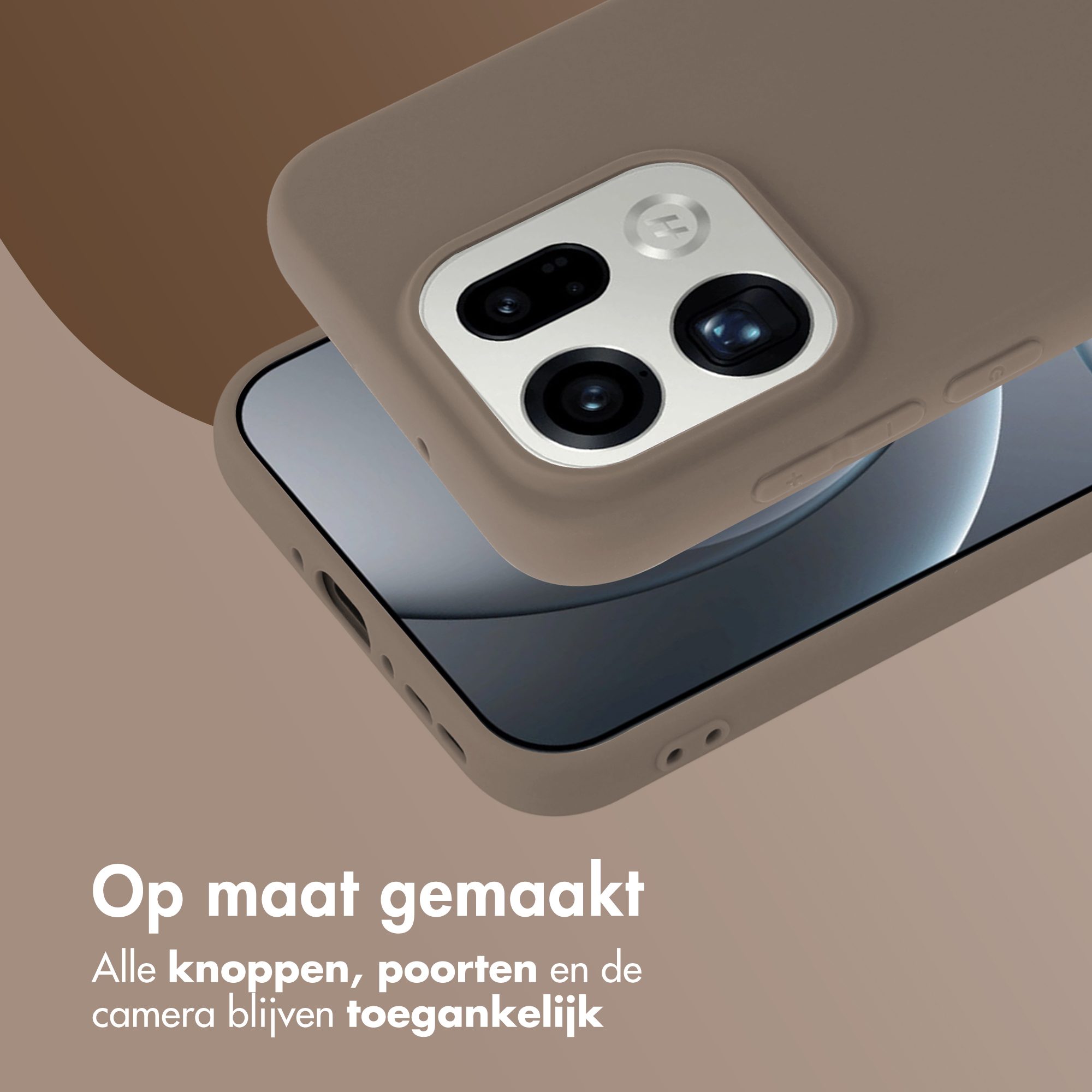 Une coque de téléphone taupe posée sur un smartphone, couvrant les caméras.