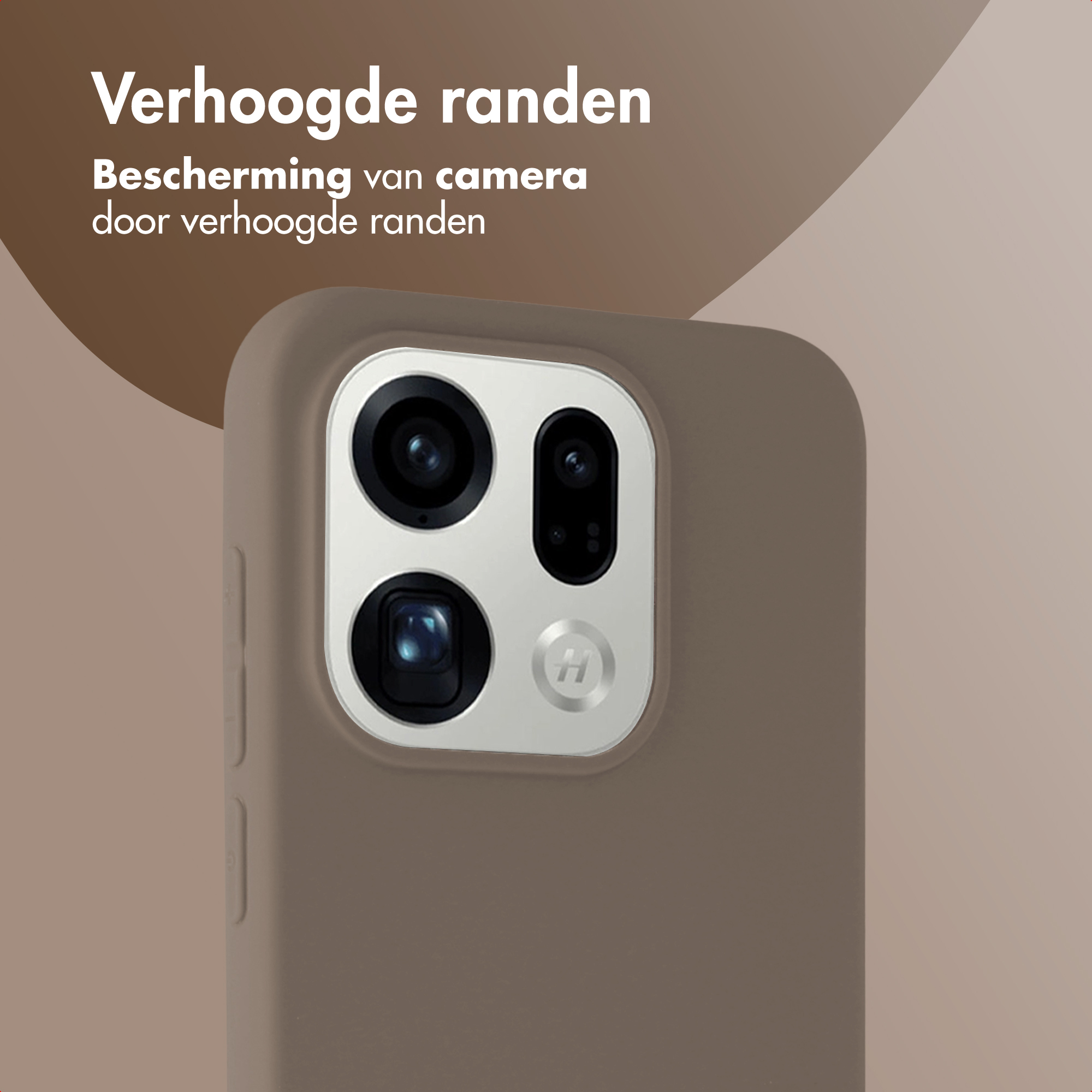 Coque de téléphone marron avec trois objectifs photo et un logo H.