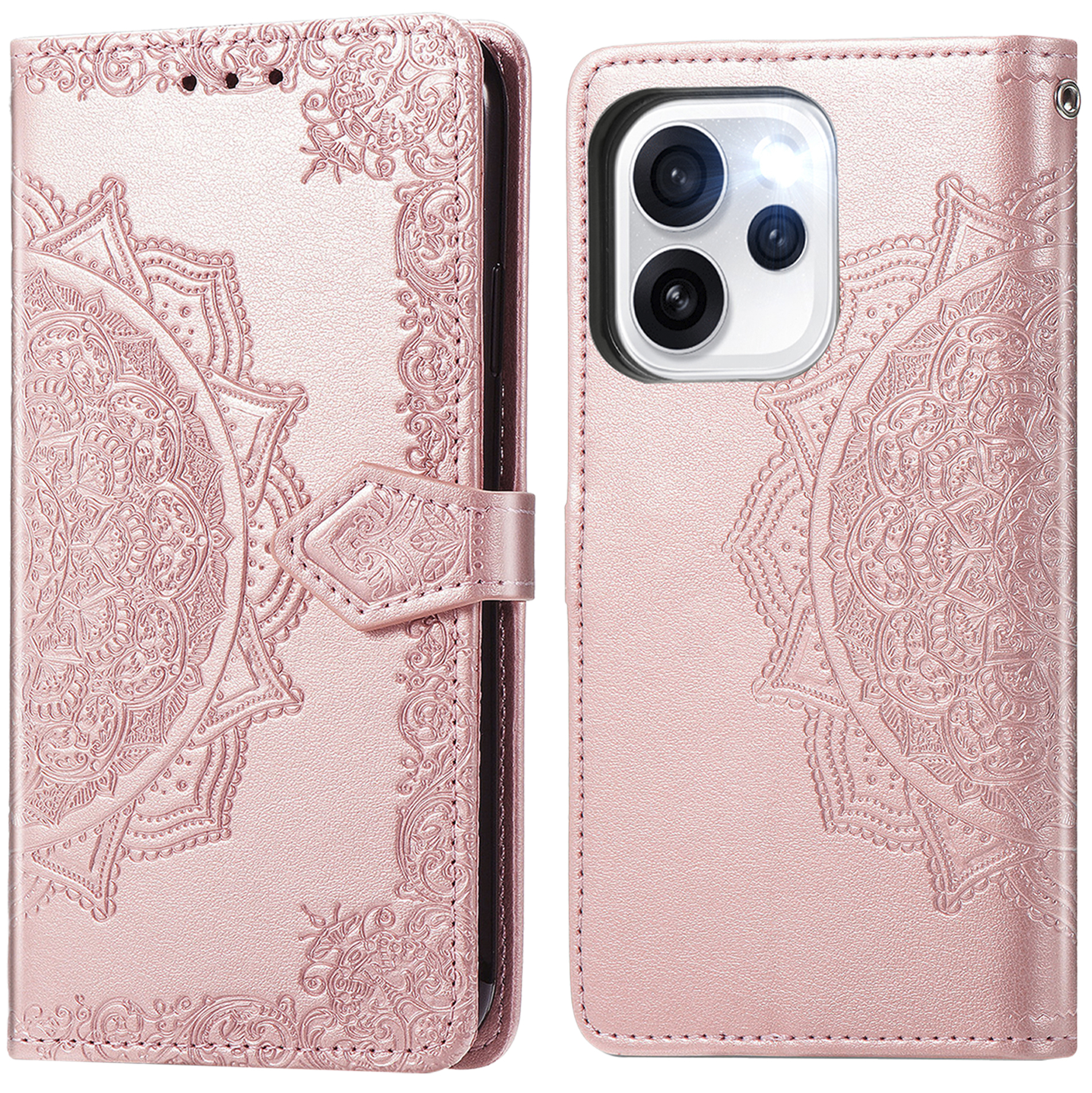 Coque de téléphone rose avec motif mandala en relief et bloc caméra.