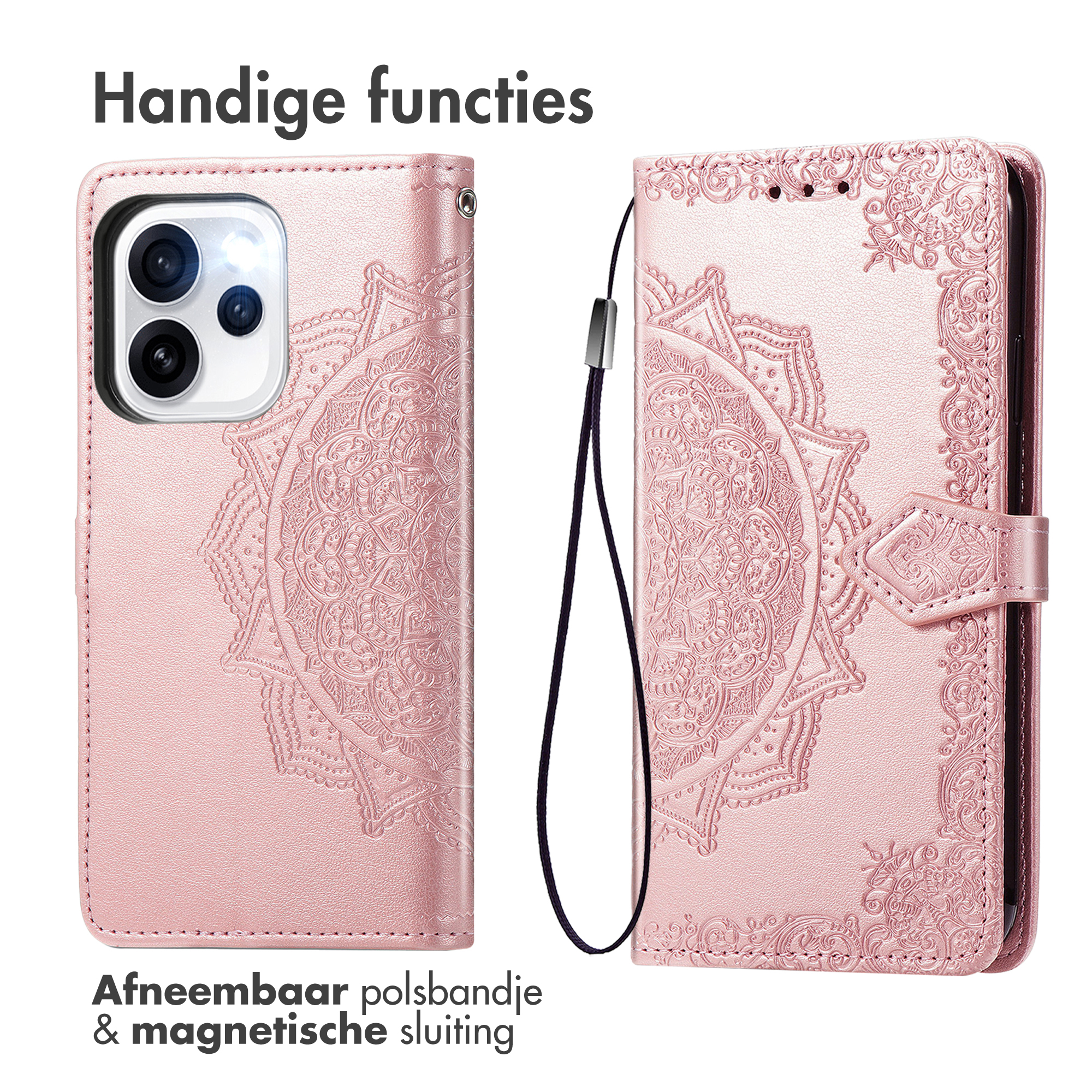 Coque de téléphone rose avec mandala en relief, dragonne et fermeture magnétique.