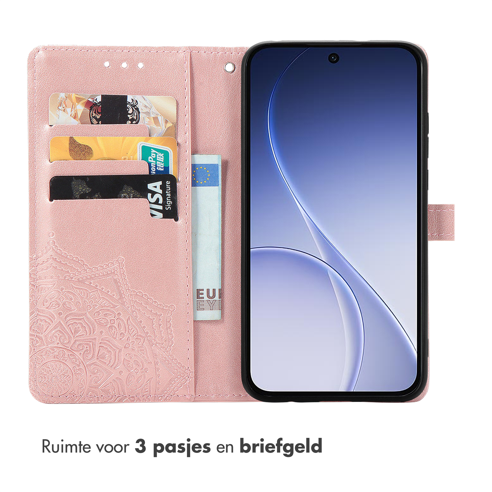 Un étui de téléphone rose avec des fentes pour cartes et un billet en euros. Un téléphone est inséré.