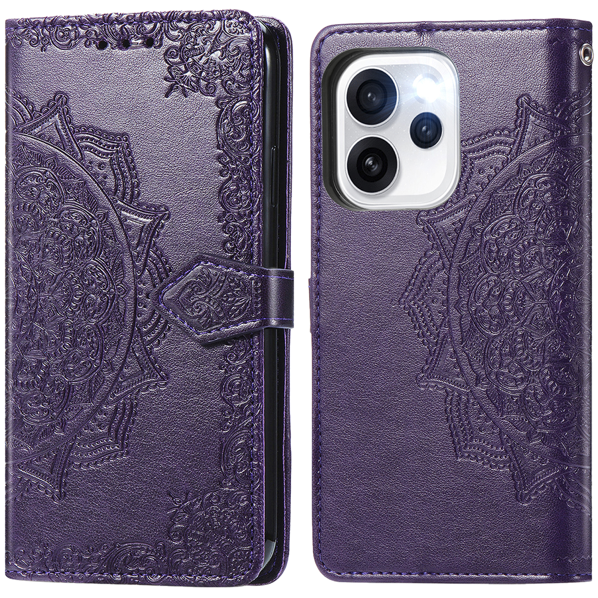 Étui de téléphone violet gaufré mandala, montré ouvert. Vues avant et arrière.