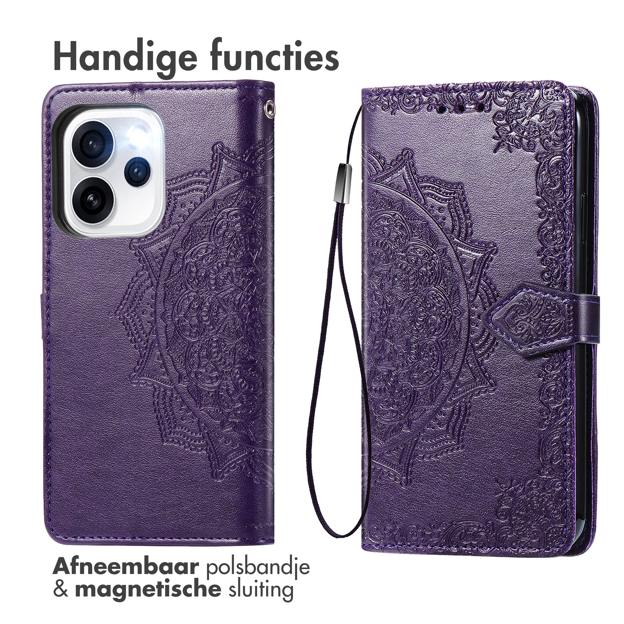 Coque de téléphone violette avec mandala en relief, dragonne détachable et fermeture magnétique.
